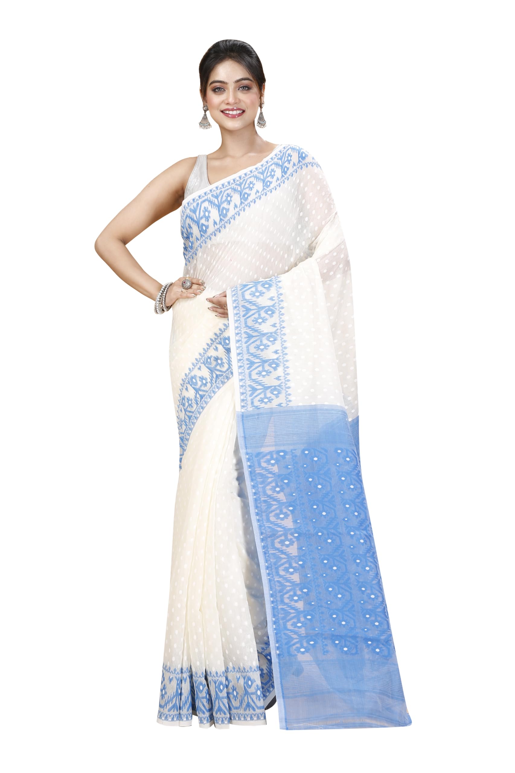 Tant Vastra Womenâ€™s Soft Resham Dhakai Ball Work Jamdani Saree without Starch And Without Blouse Piece (Steel) (White-Light Blue)