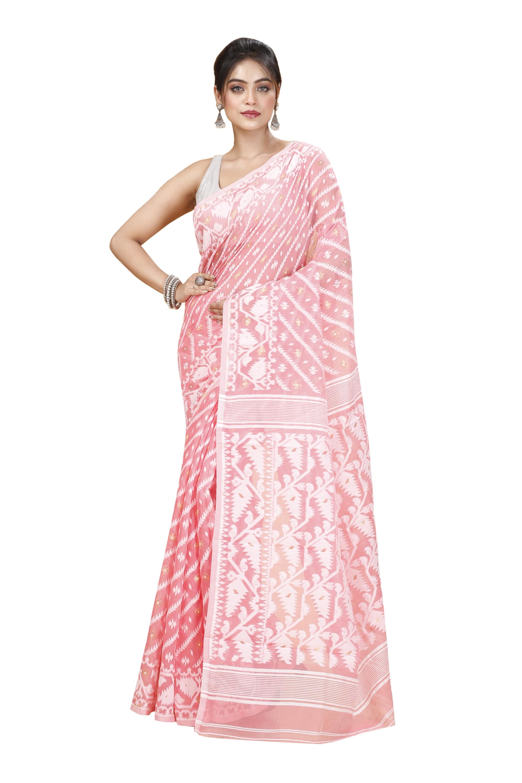 Tant Vastra Womenâ€™s Soft Resham Dhakai Karat Jamdani Saree without Starch And Without Blouse Piece (Peach)
