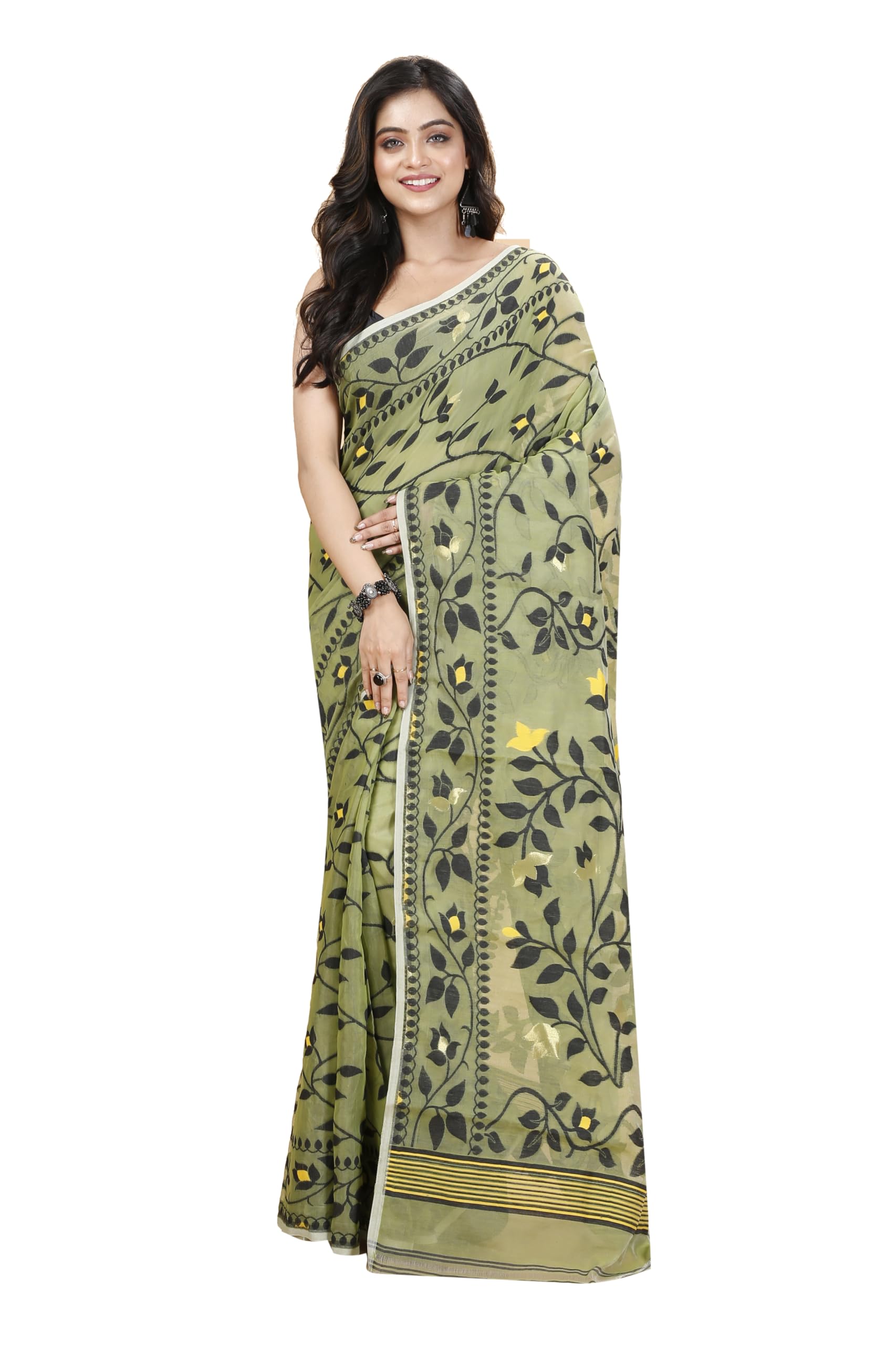 Tant Vastra Womenâ€™s Soft Resham Dhakai Lata Jamdani Saree without Starch And Without Blouse Piece (Light Pista)
