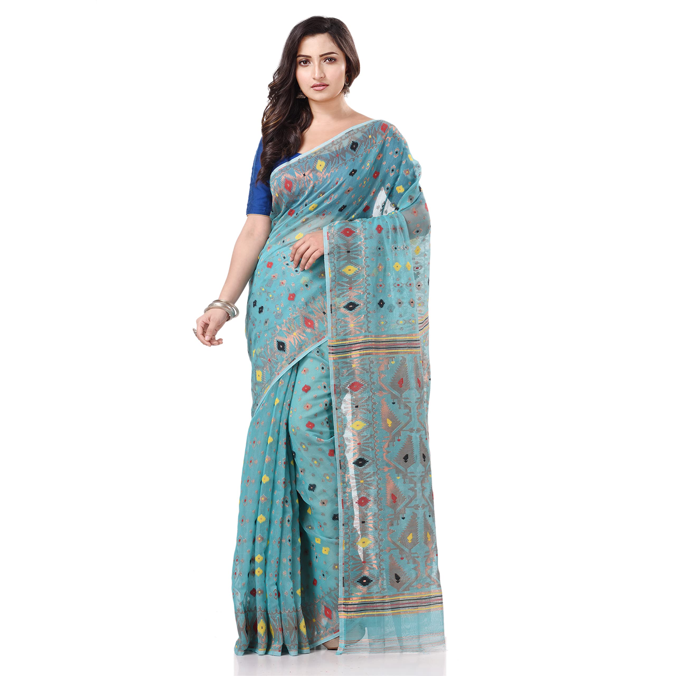 Tantloom Women's Jamdani Cotton Blend Saree With Blouse Piece (Tl290722Jmzarikarat_F_Firozi)