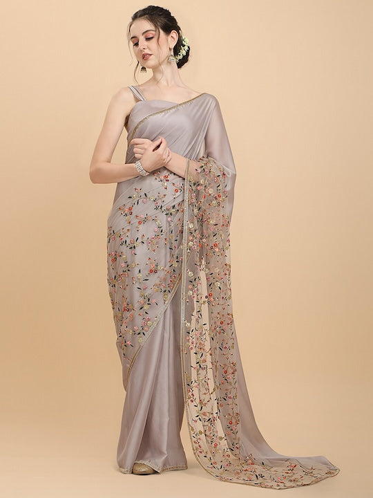 Women Ivory Floral Embroidered Silk Blend Saree with Blouse Piece