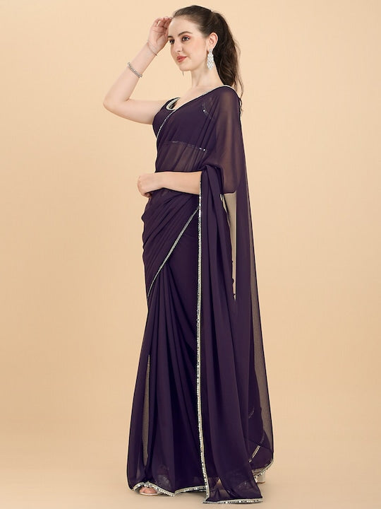 Women Wine Solid Georgette Saree with Blouse Piece