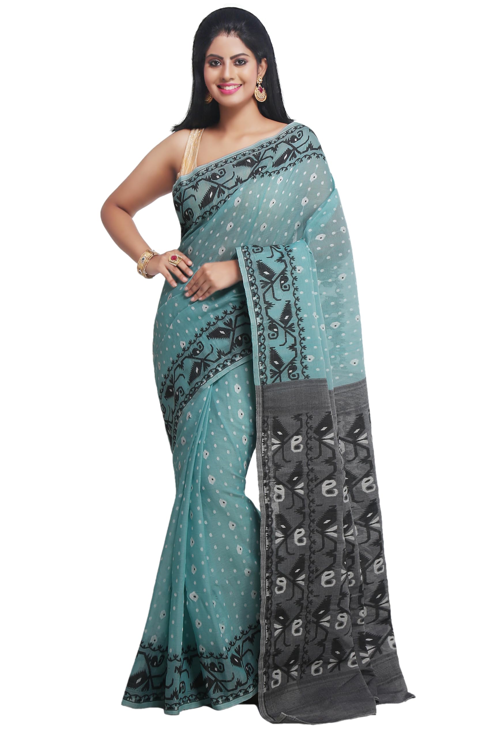 WoodenTant Women's Bengal Made Soft Dhakai Jamdani Saree Without Blouse Piece. (Beige & Red, Cotton)