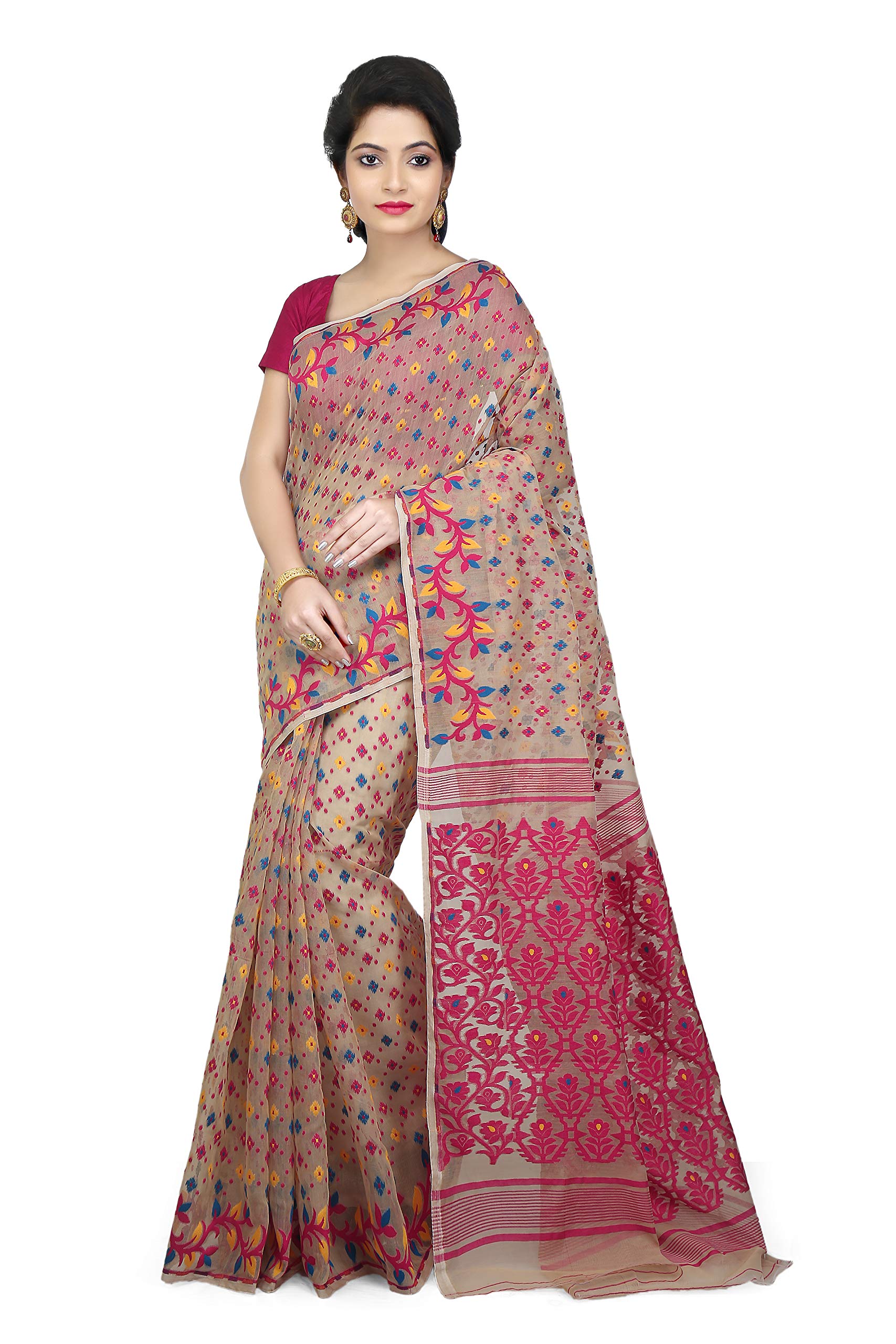 WoodenTant Womenâ€™s Dhakai Jamdani Soft Cotton Silk Saree In Beige & Pink With Thread Work
