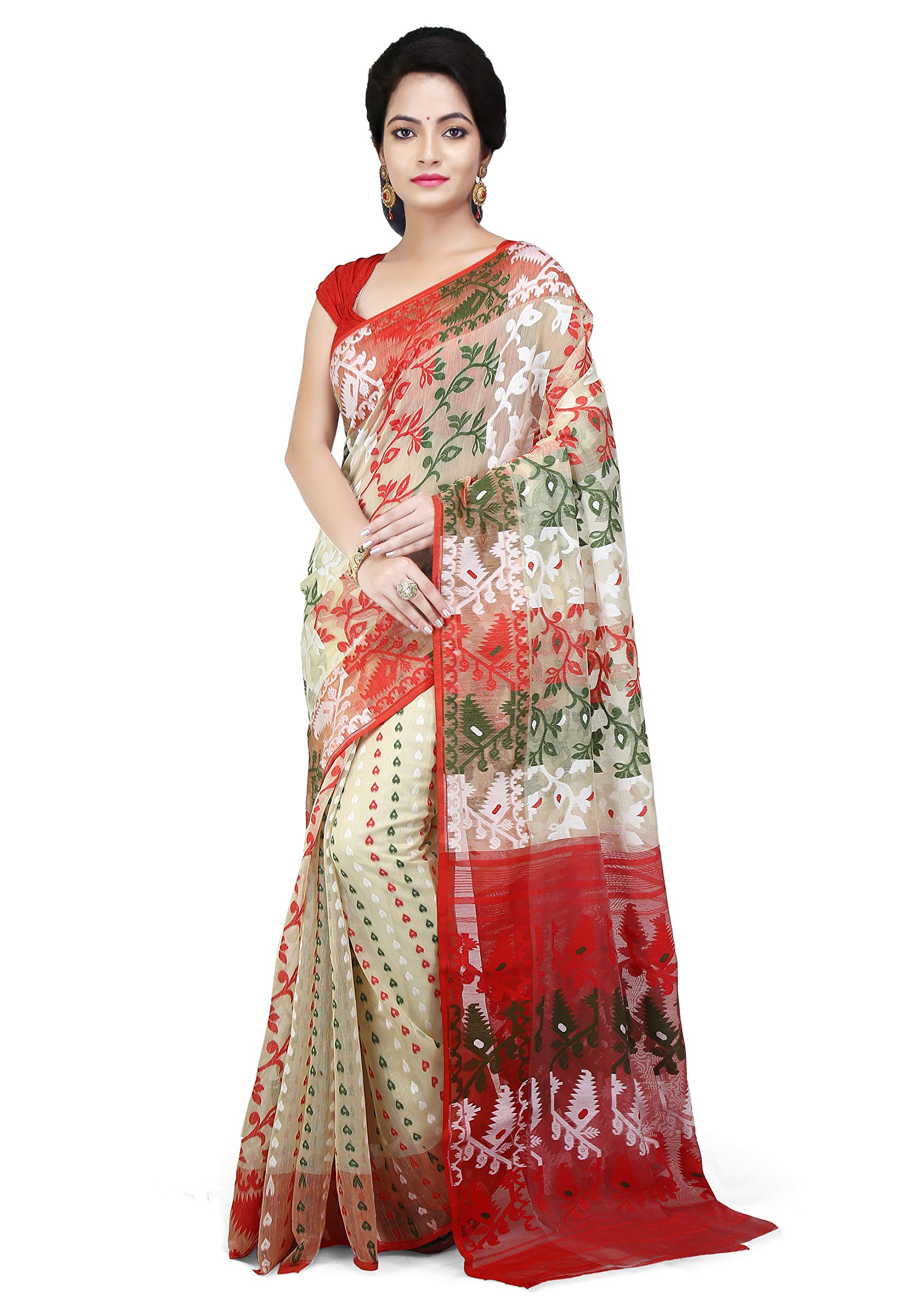 WoodenTant Women's Jamdani Cotton Silk Saree With Blouse Piece (SDJ25_Multicolored)