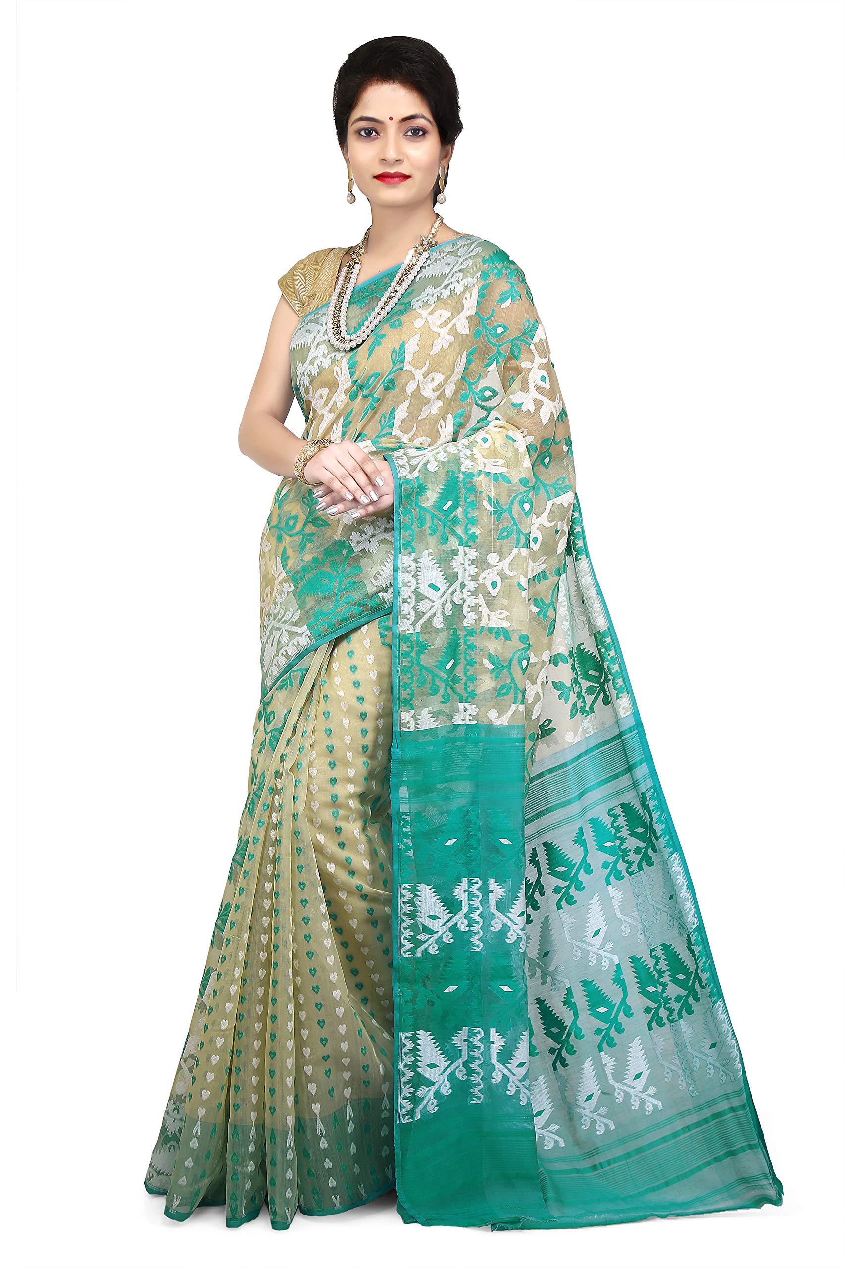 WoodenTant Womenâ€™s Soft Cotton Silk Dhakai Jamdani Saree In Multicolor without blouse piece