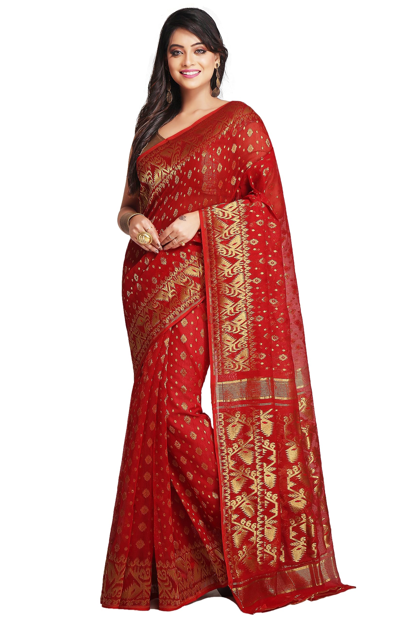 WoodenTant womenâ€™s cotton silk golden zari dhakai jamdani Saree without blouse piece_(Red)