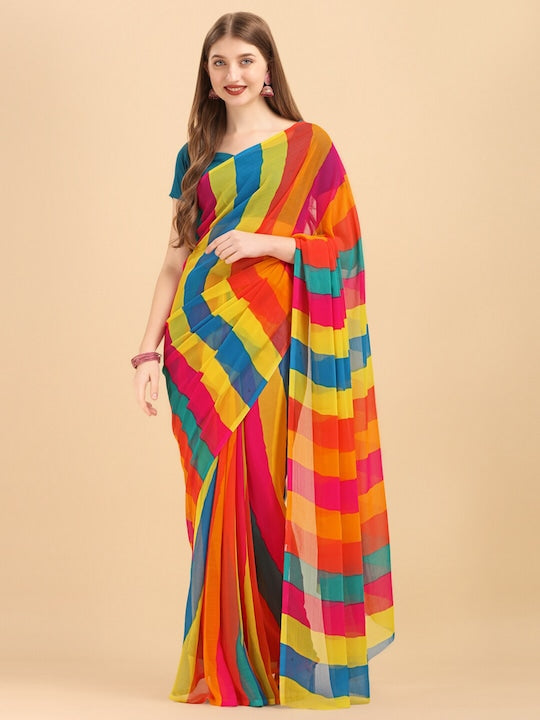 Yellow & Turquoise Blue Colourblocked Pure Chiffon Saree