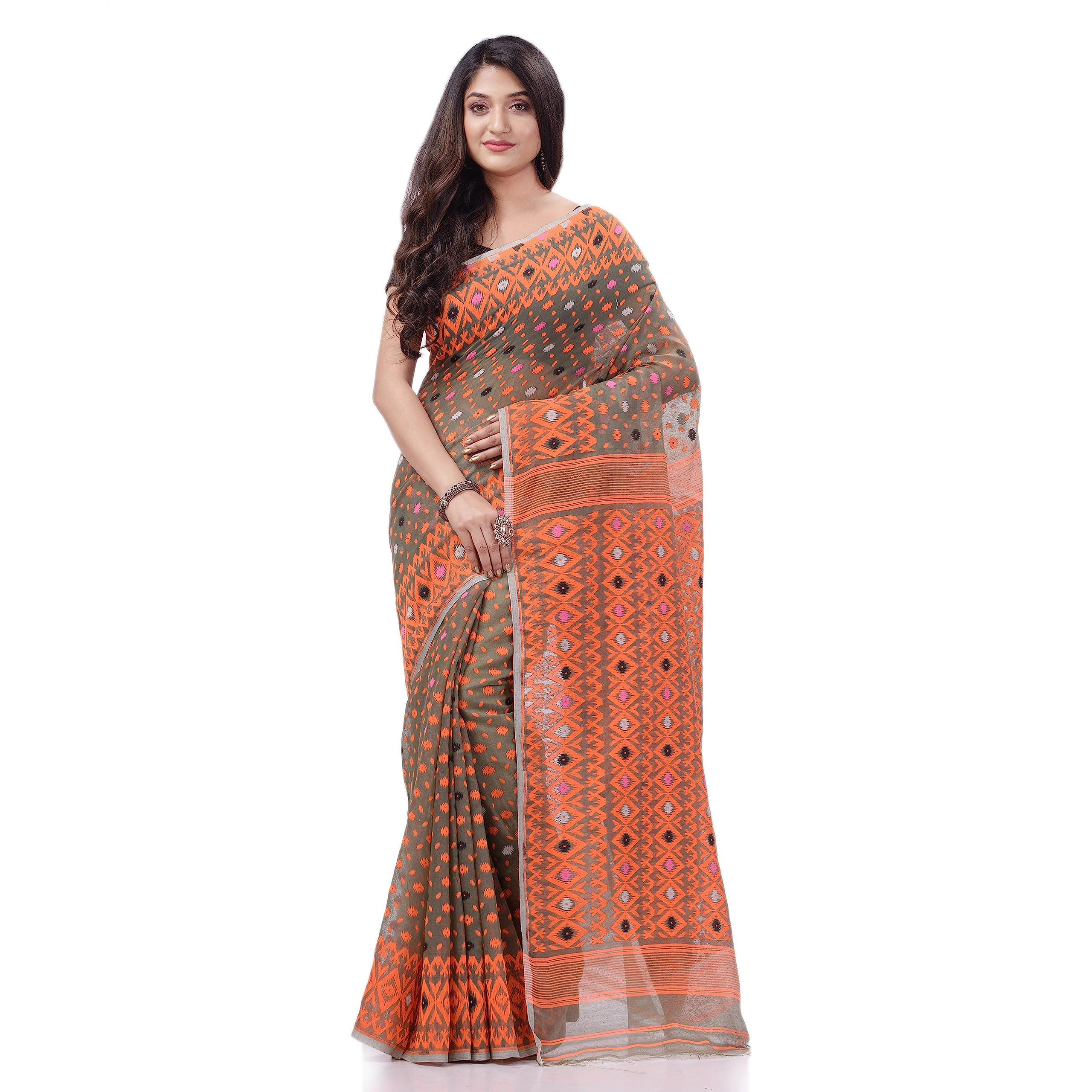 dB DESH BIDESH Women`s Jamdani Sarees For Women Cotton Silk Saree Hirokduti Design Cotton Sarees Dhakai Jamdani Sarees For Women Handloom Sarees Without Blouse Piece (Grey Orange)