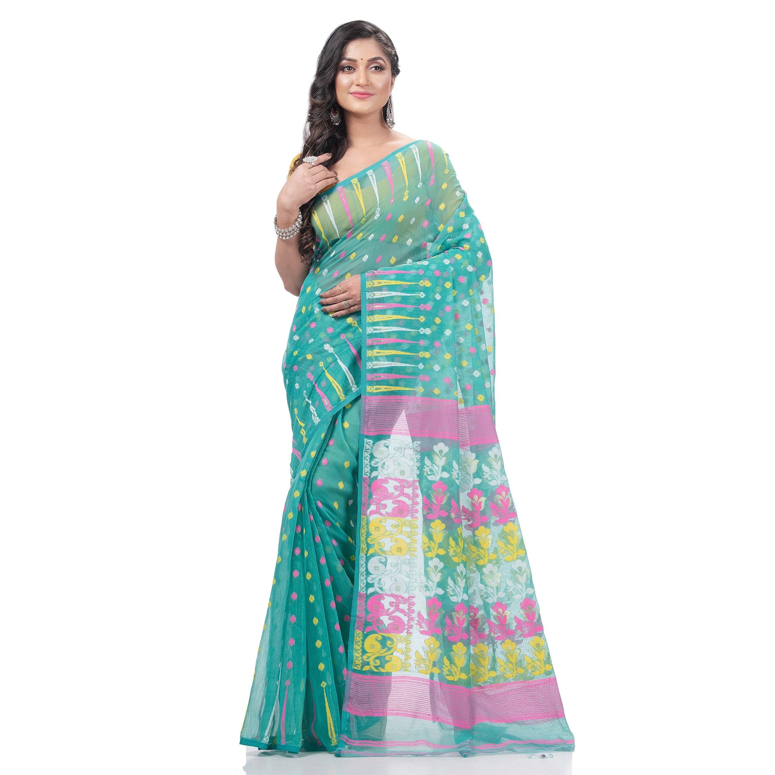 dB DESH BIDESH Women`s Queen of Diamond Resham Dhakai Jamdani Bengal Pure Cotton Handloom Saree (Firoza)