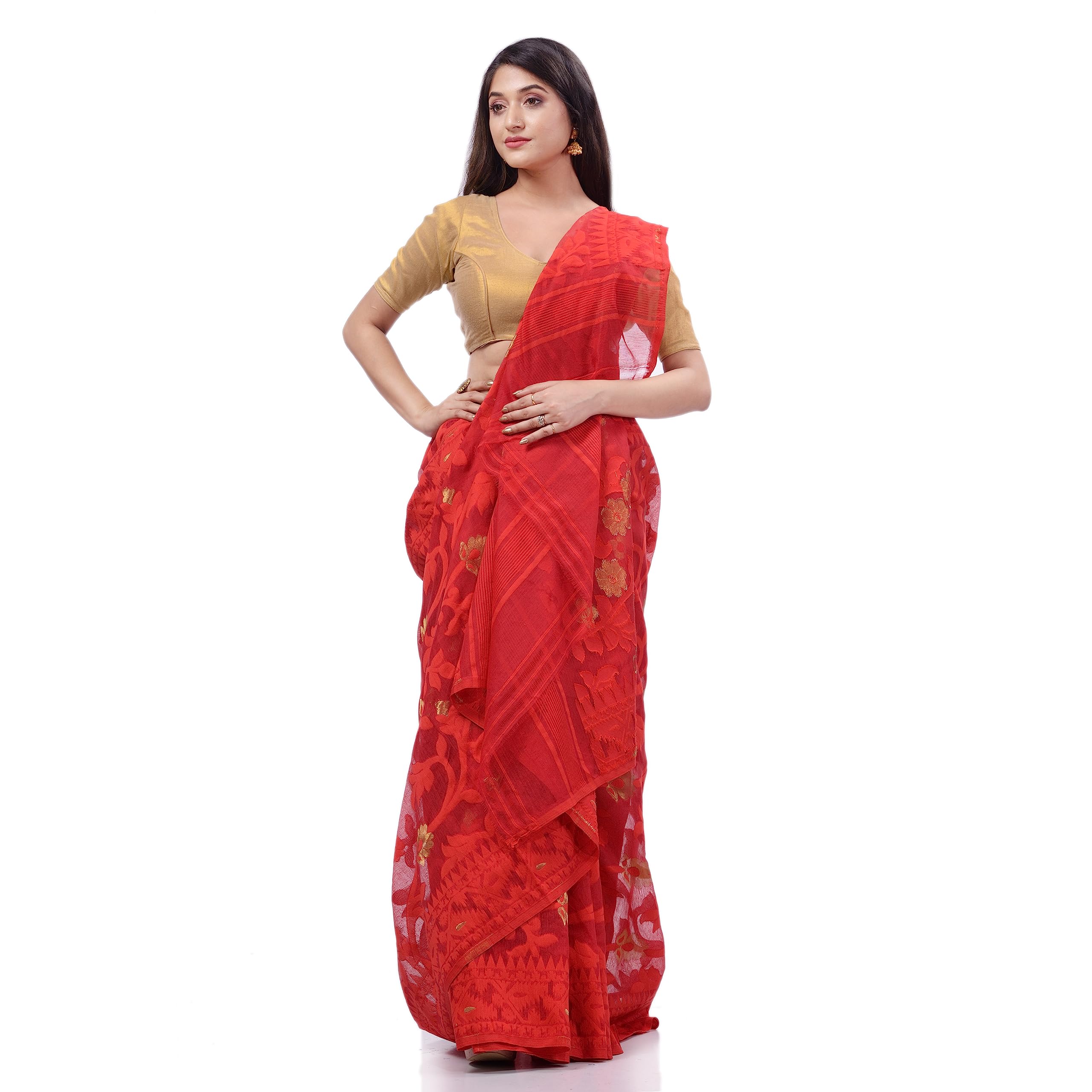 dB DESH BIDESH Women's Rangabati Resham Dhakai Jamdani Pure Cotton Handloom Saree Without Blouse Piece (Firoza, Multicolor)
