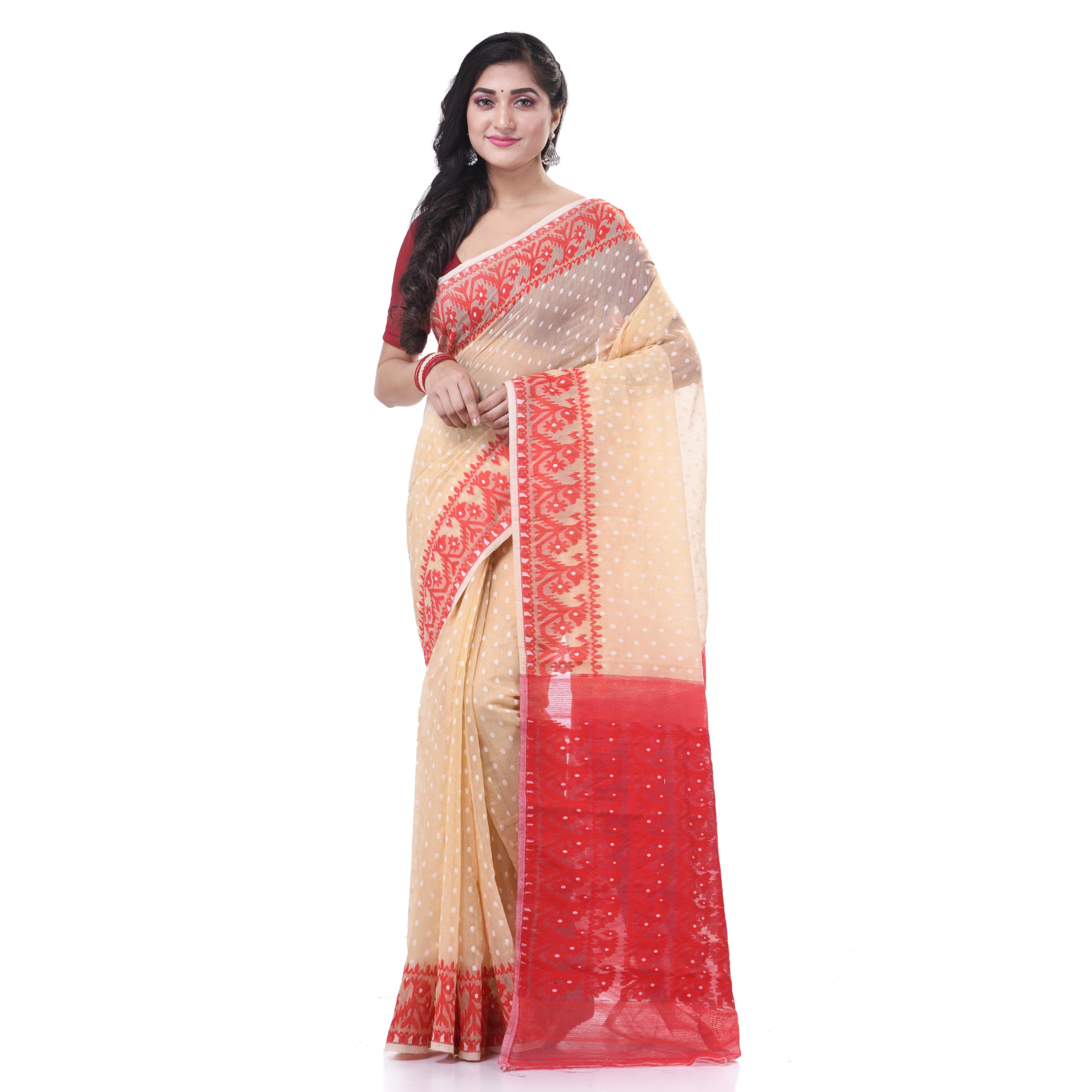 dB DESH BIDESH Women`s Resham Dhakai Jamdani Cotton Handloom Saree Hajar Buti Design Jamdani Saree (Yellow Pink)