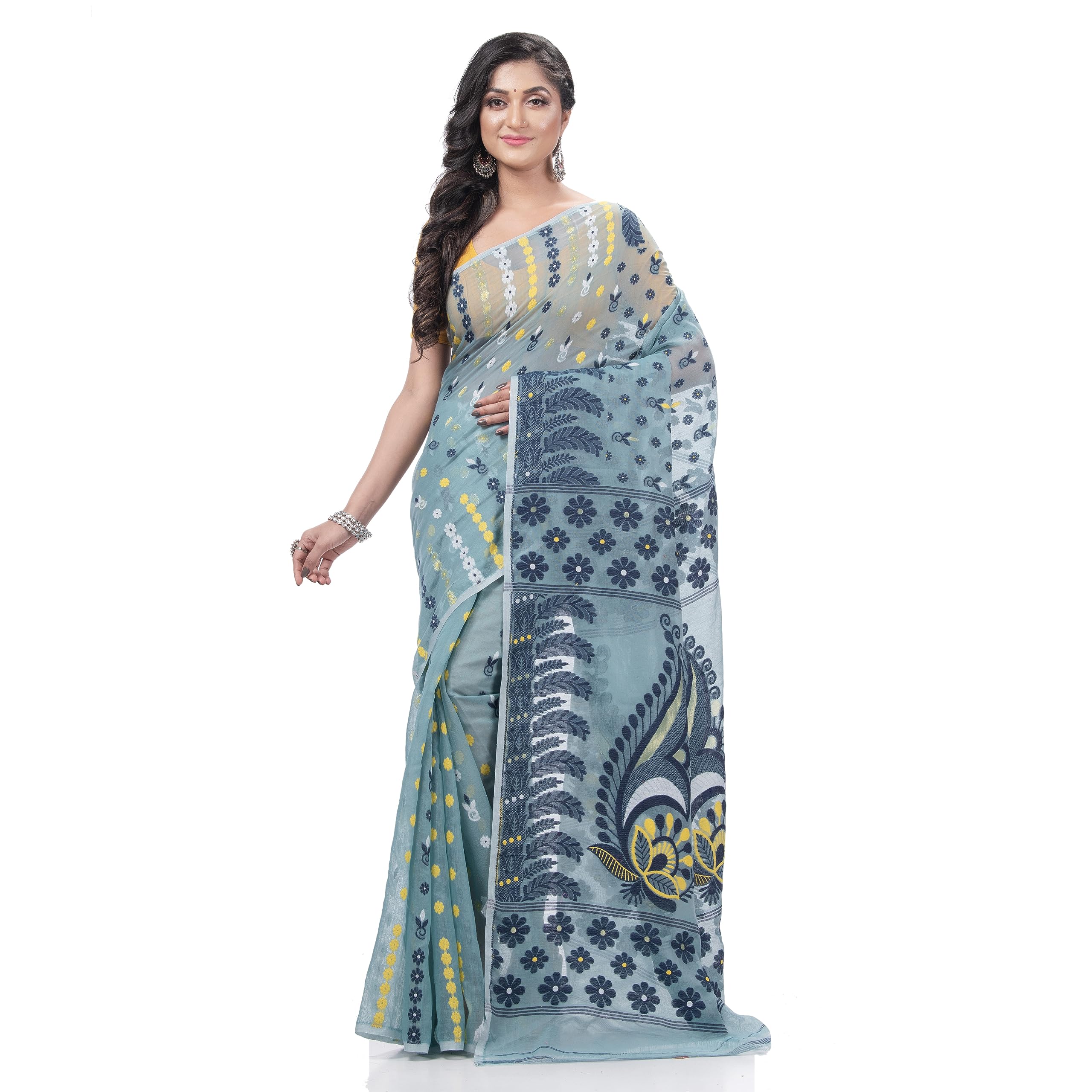 dB DESH BIDESH Women`s Resham Dhakai Jamdani Pure Cotton Handloom Saree Lojjaboti Design without Blouse Piece (Firoza Blue)