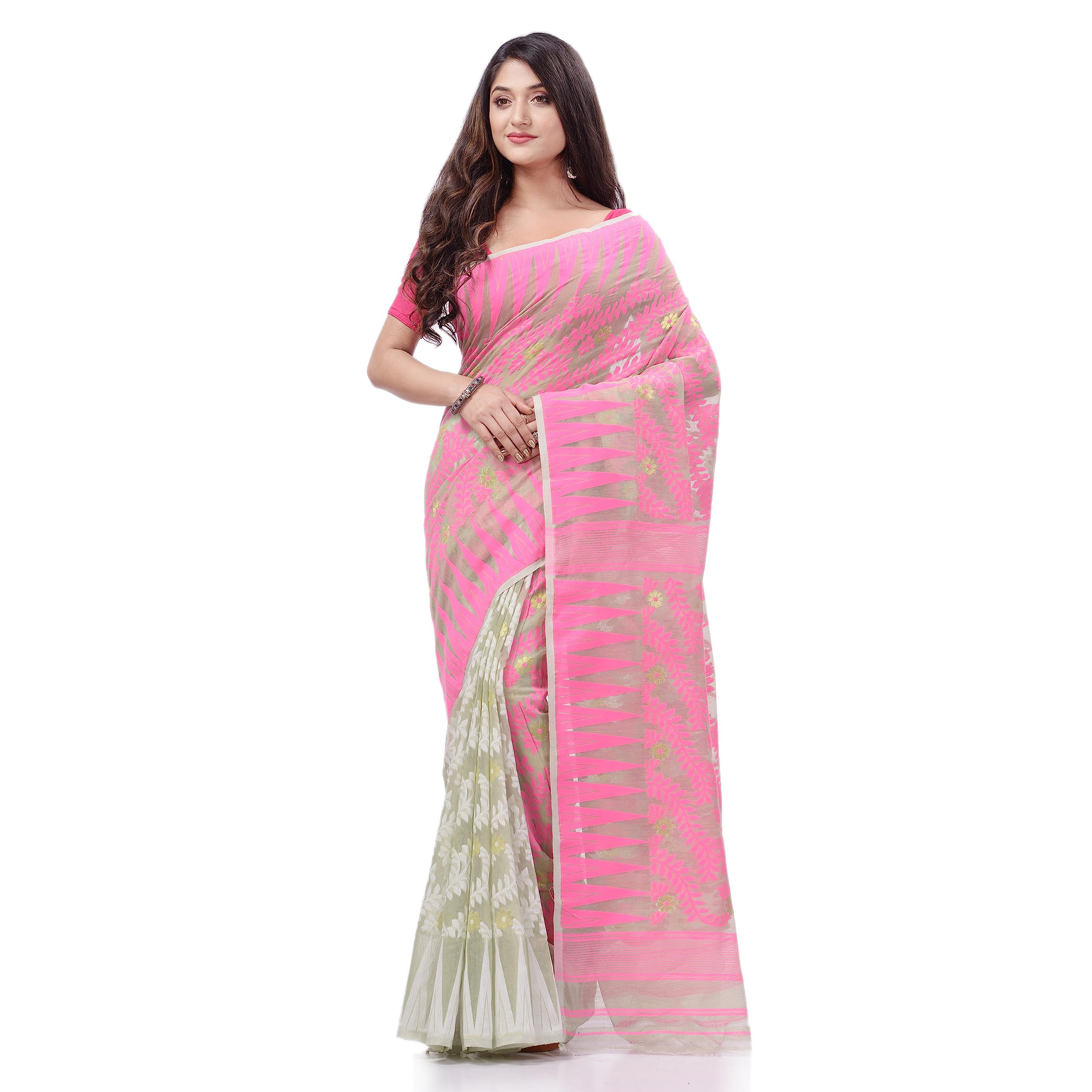 dB DESH BIDESH Women`s Tamarind Leaf Resham Dhakai Jamdani Pure Cotton Handloom Saree without Blouse Piece (Deep Blue)
