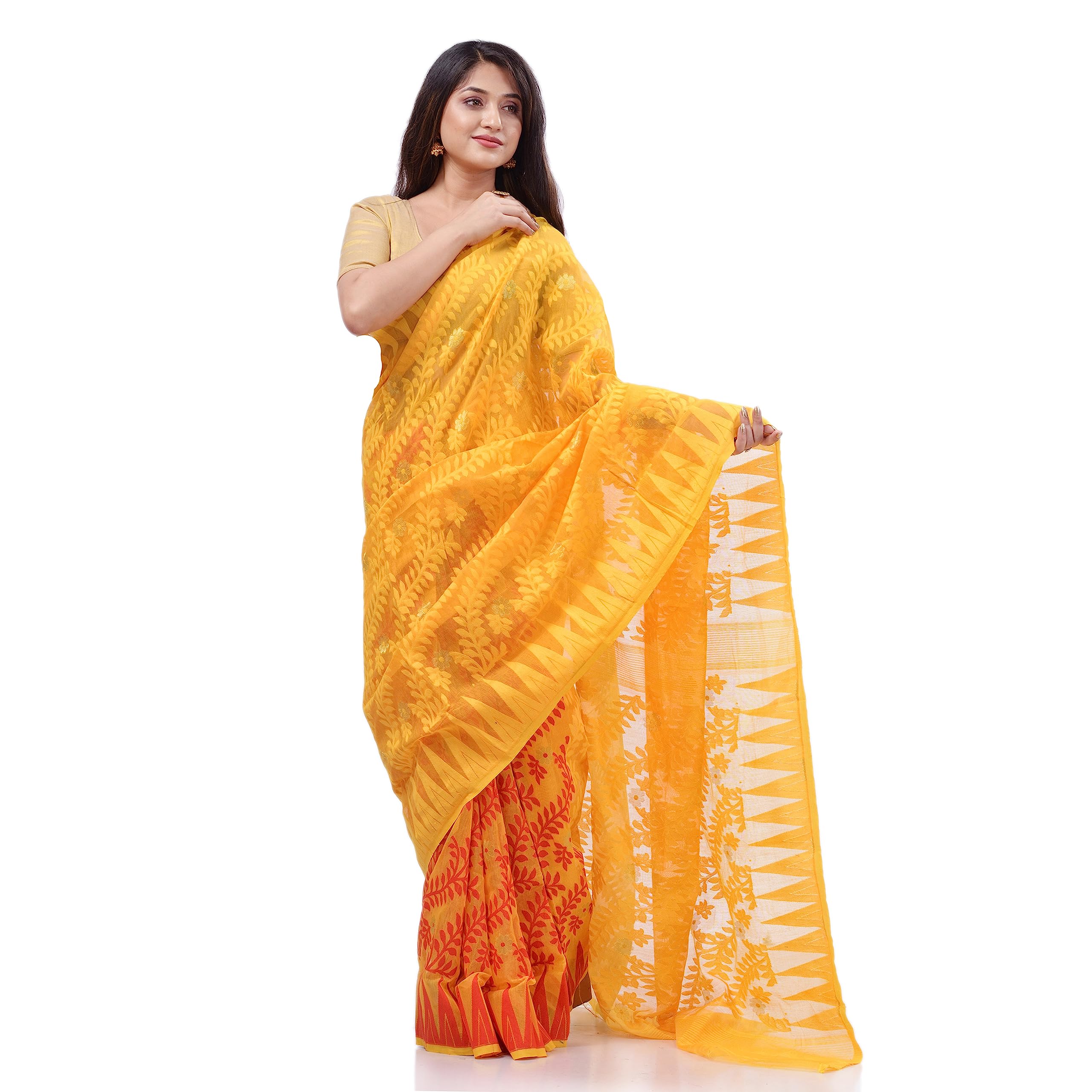 dB DESH BIDESH Women`s Traditional Tamarind Leaf Resham Dhakai Jamdani Pure Cotton Handloom Saree without Blouse Piece (Yellow Red)