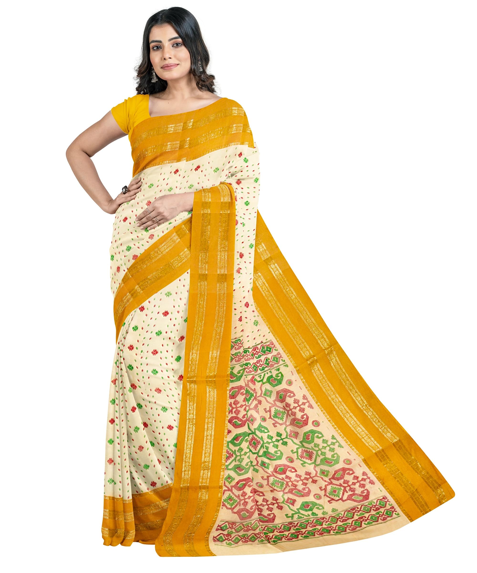 eC ESHA'S COLLECTION Women's Pure Cotton Jamdani Printed Tant Saree Without Blouse Piece (Pink)