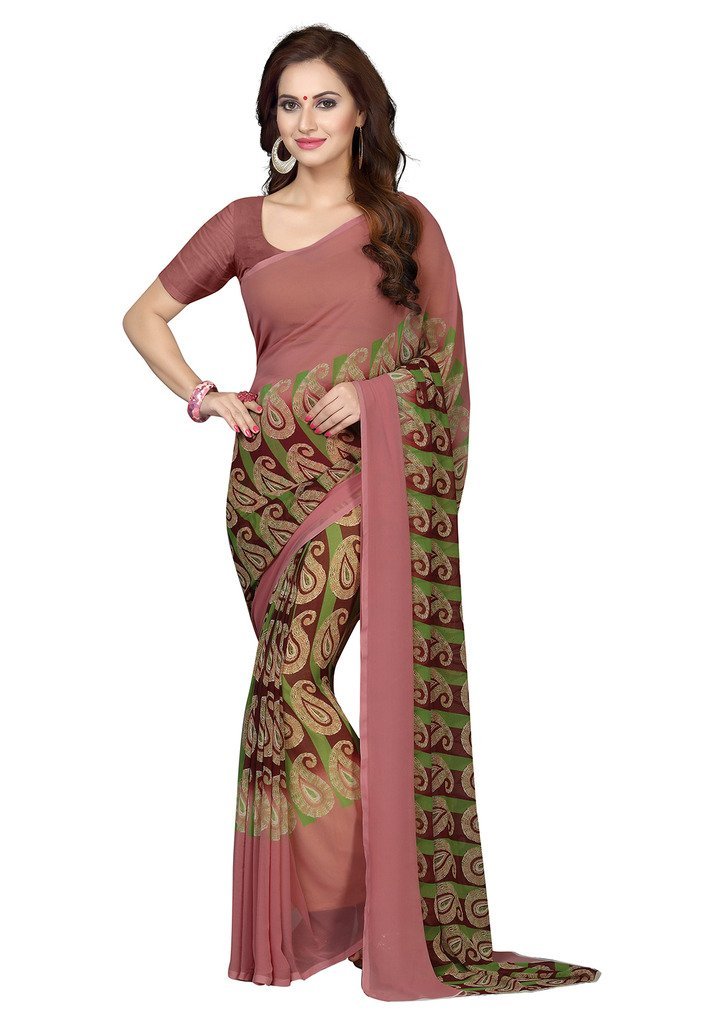 ishin Women's Faux Georgette Saree With Blouse Piece (Ishin-A-20065, Brown, Free Size)