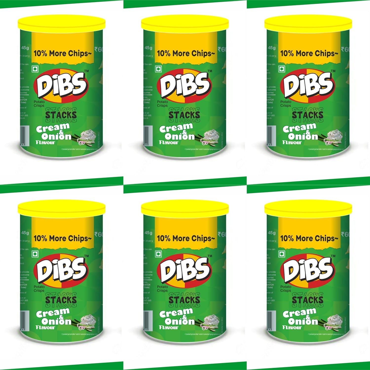 Dibs stacks (Pack of 6, 45 GM Each) Cream N Onion Potato Crisps Chips On the Go Adventure, Crunchy Healthy and Tasty Chips, Snacks Chips