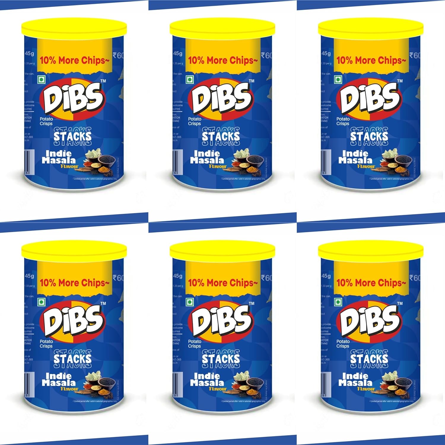 Dibs stacks (Pack of 6, 45 GM Each) Indie Masala Potato Crisps Chips On the Go Adventure, Crunchy Healthy and Tasty Chips, Snacks Chips
