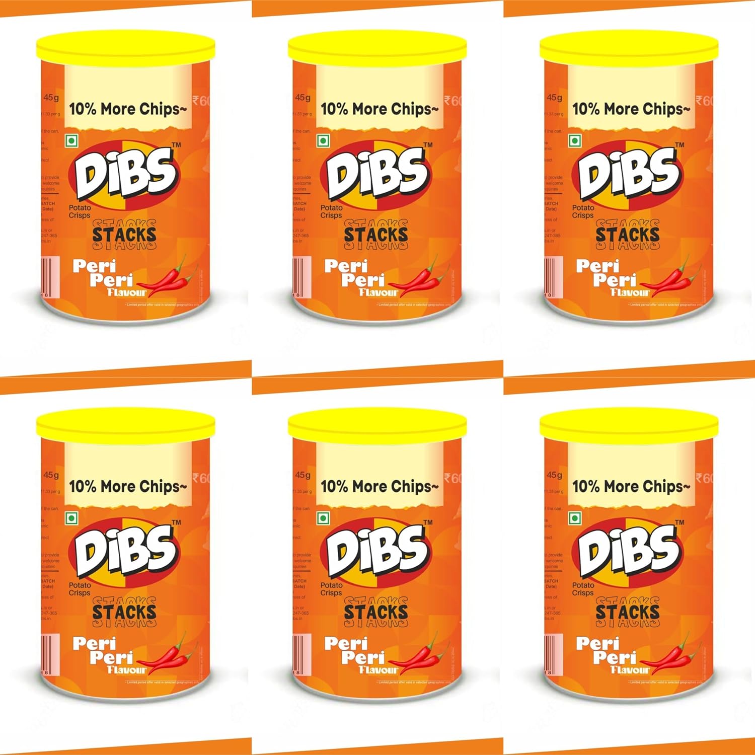 Dibs stacks (Pack of 6, 45 GM Each) Peri Peri Potato Crisps Chips On the Go Adventure, Crunchy Healthy and Tasty Chips, Snacks Chips