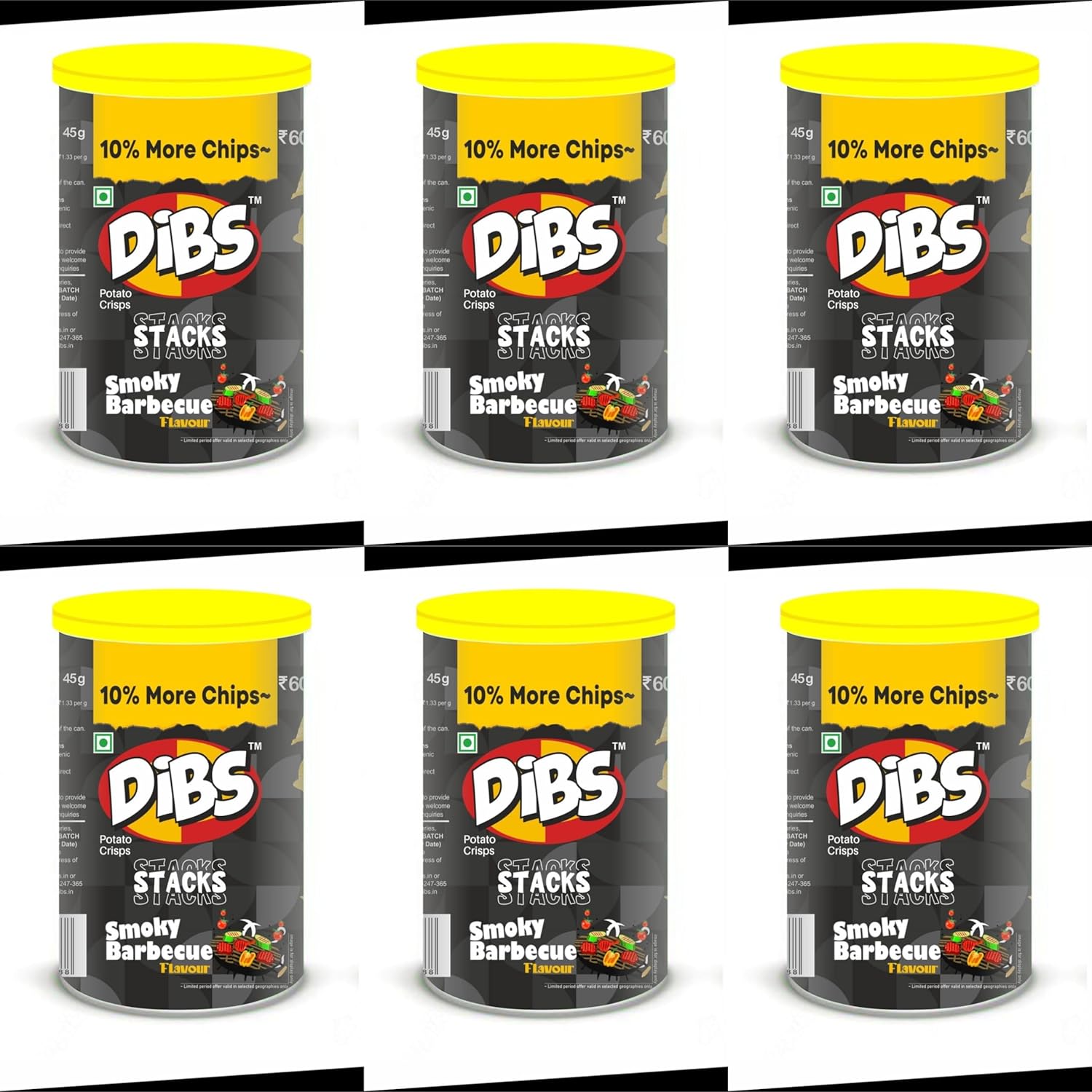 Dibs stacks (Pack of 6, 45 GM Each) Smoky Barbecue Potato Crisps Chips On the Go Adventure, Crunchy Healthy and Tasty Chips, Snacks Chips
