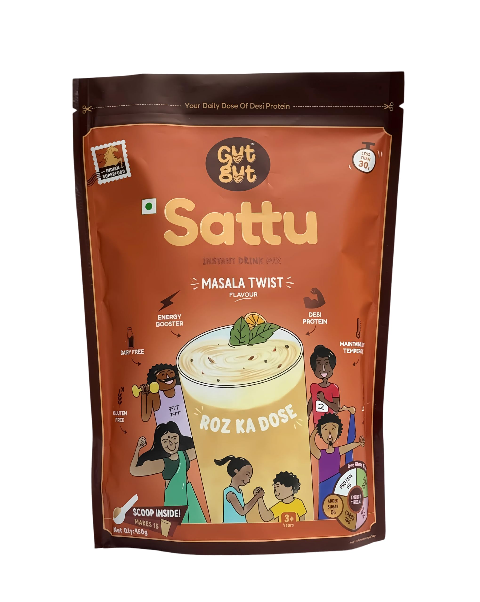 GutGut Sattu Powder | Instant Drink Mix | 100% Natural & Gluten Free Chana Sattu | 30 Glasses 900 grams - Masala Twist Flavour (450g X Pack of 2)