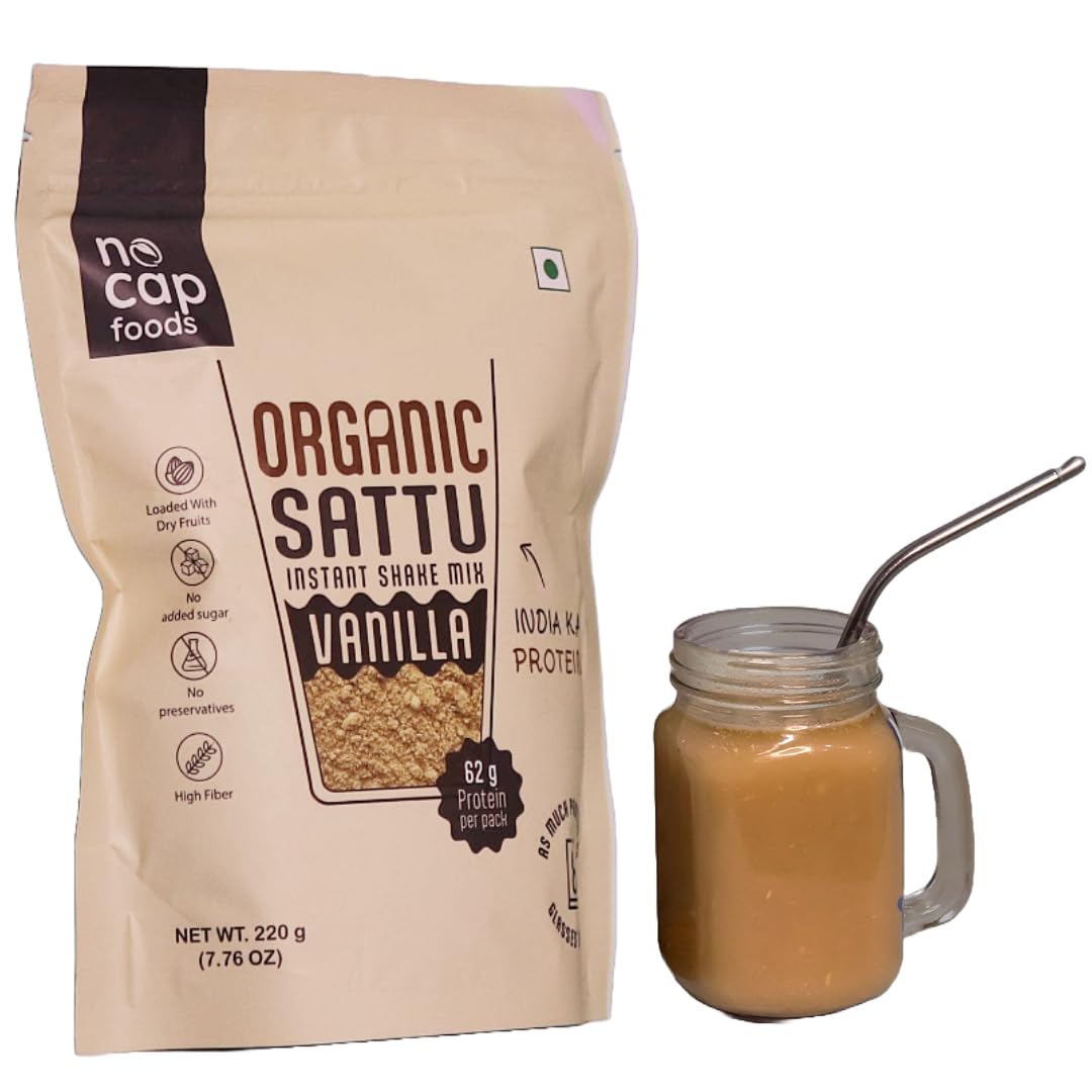 Nocap Sattu Shake Vanilla 220gm | No refined sugar | No Artificial flavours | High Protein | High Fiber | Natural Vanilla flavour | Instant shake | No Additives | No preservatives