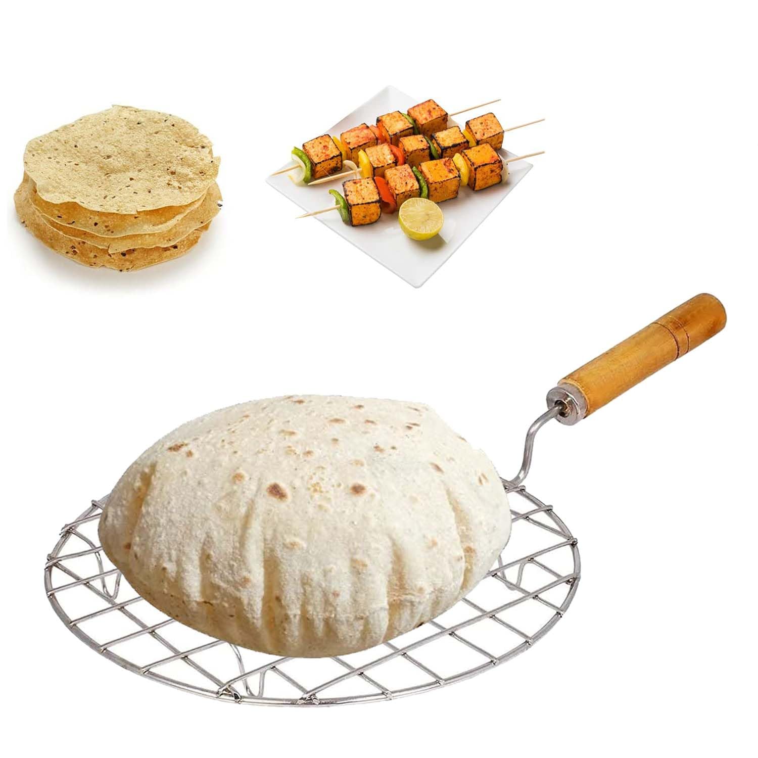 AADHIK Papad Jali Roast, Paneer Grill, Roti Maker, Barbeque Round Jali Roaster Chapati Toast Grill Wooden Handle Vegetable tandoor net, Baigan Bharta