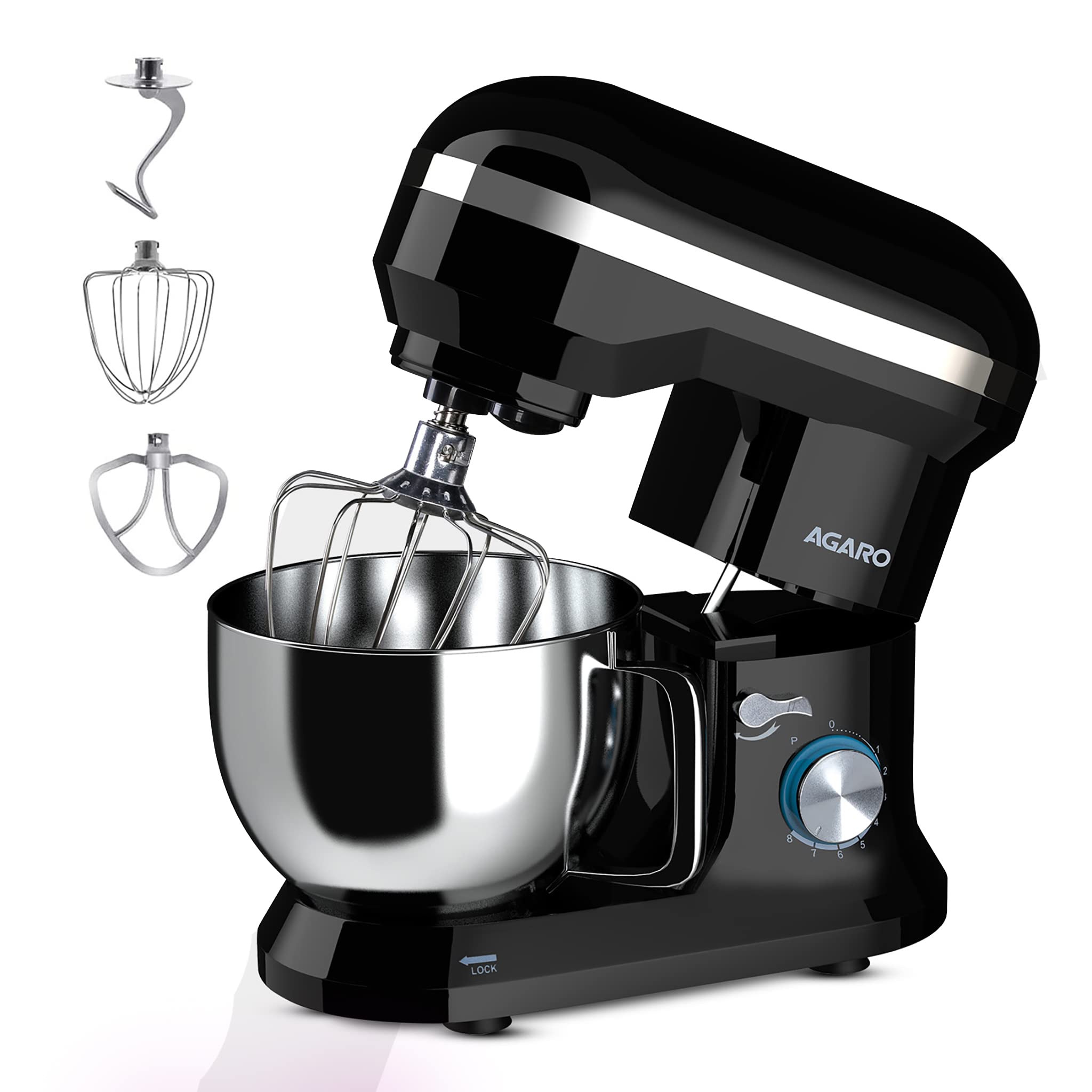 AGARO Royal Stand Mixer 1000W with 5L SS Bowl and 8 Speed Setting I Includes Whisking Cone, Mixing Beater & Dough Hook, and Splash Guard, 2 Years Warranty, (Black) (Indian Plug)