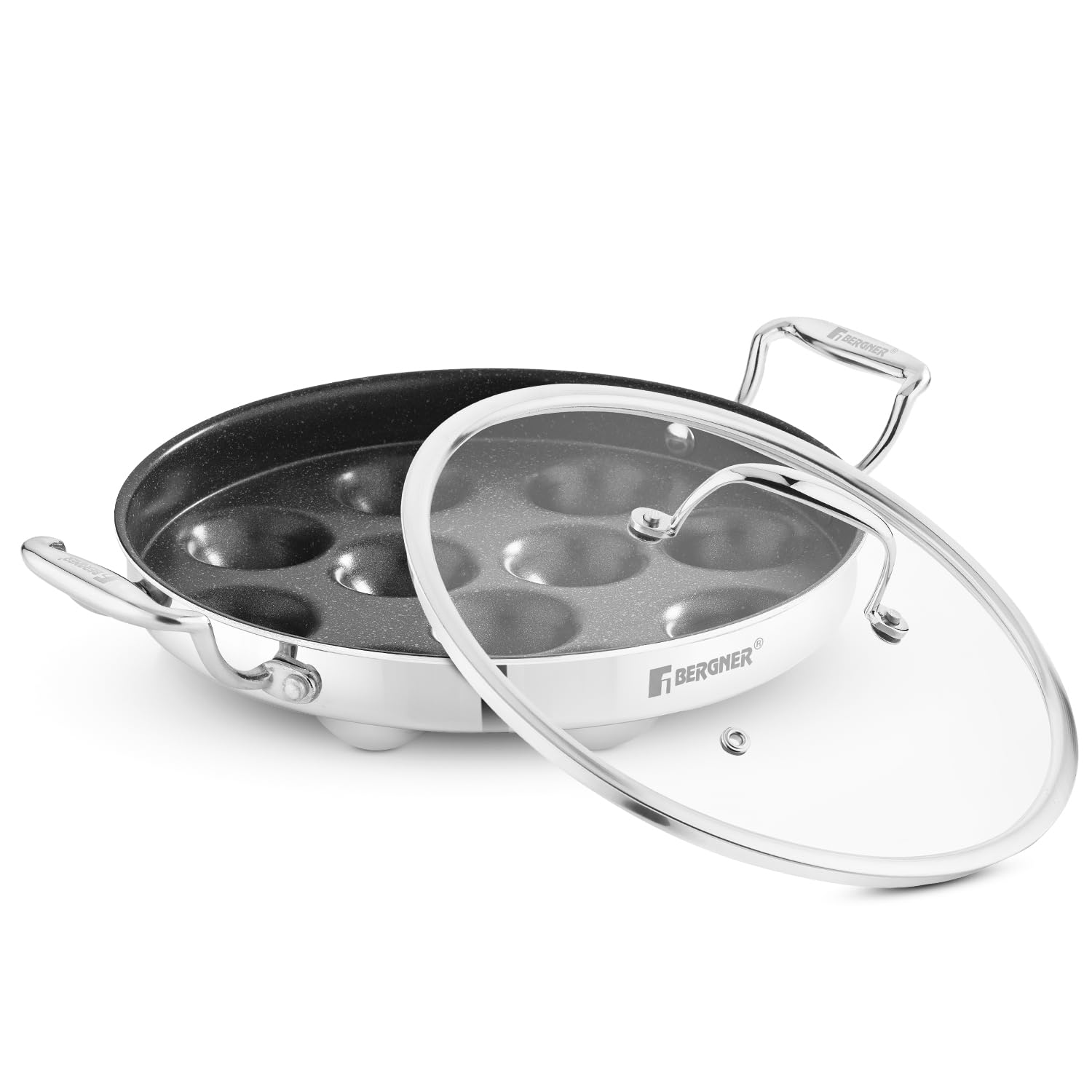 BERGNER Argent Samsara Triply Stainless Steel 11 Pits (25cm) Round Paniyarakkal with Glass Lid, Paniyaram with Quantanium Non-Stick Coating, Consumes Less Oil, Healthy Cooking - Induction Compatible