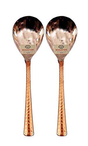 BONA FIDE - Unit of signature metal exports,Copper Spoon Serving Spoon Dal Rice Spoon Hammered Designed Homeware Hotelware::Set of 2 Copper Stainless Steel Spoon 8 inch Long for Serving Dishes