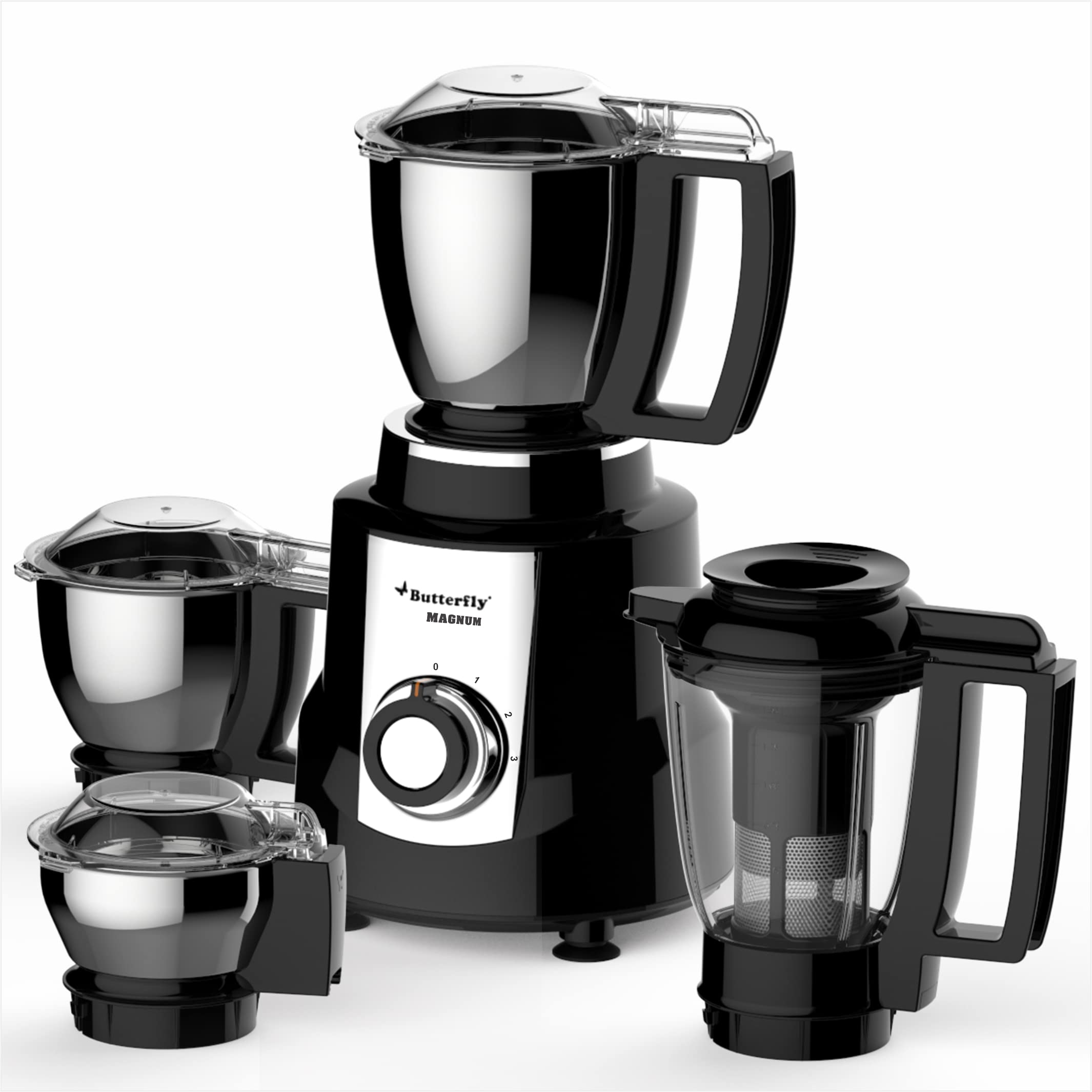 Butterfly Magnum 1.2HP Mixer Grinder with 4 Jars | 100% Copper Motor | 3 Stainless Steel Multipurpose Jars and 1 Juicer Jar | ABS Body | Handsfree Operation | Lifetime Motor Warranty| Black