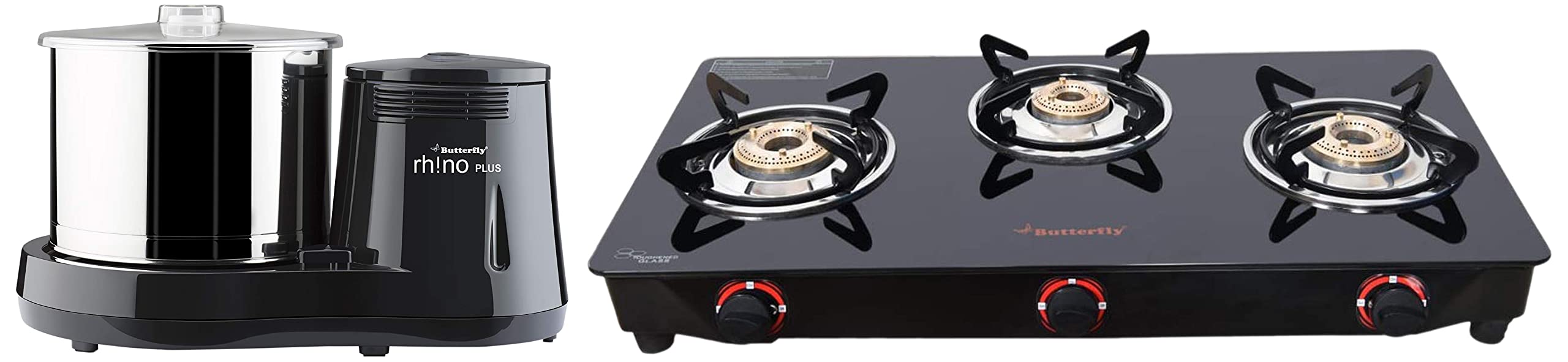 Butterfly Smart Glass 3 Burner Gas Stove & Butterfly Rhino Plus Wet Grinder, 2L (Grey), 150W