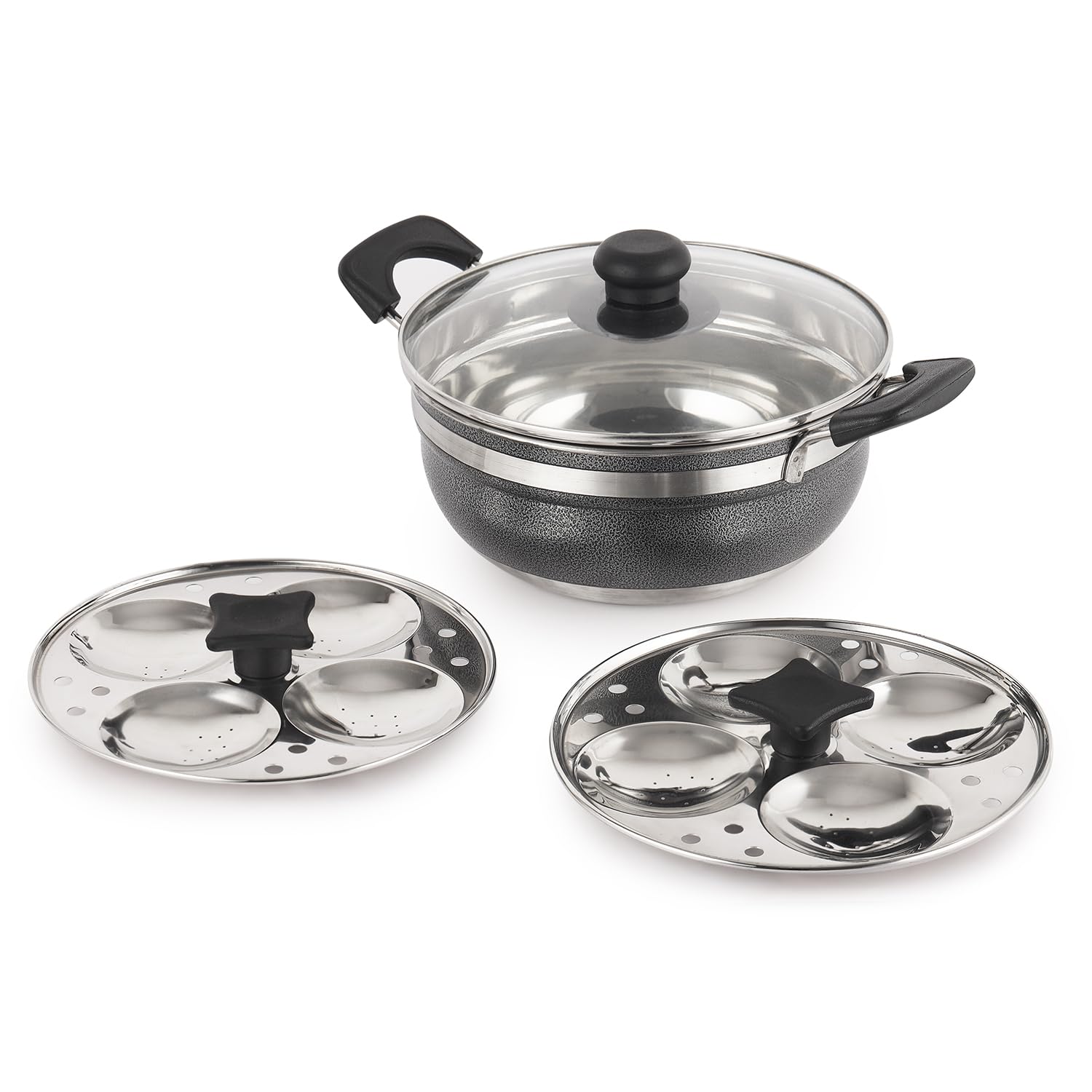 Cello Magna Stainless Steel Multi Kadai Idli cooker with Glass Lid & 2 Idli Plates | Multi-purpose use | Perfect for Frying, SautÃ©ing, Roasting, Preparing sabjis | Dishwasher Safe