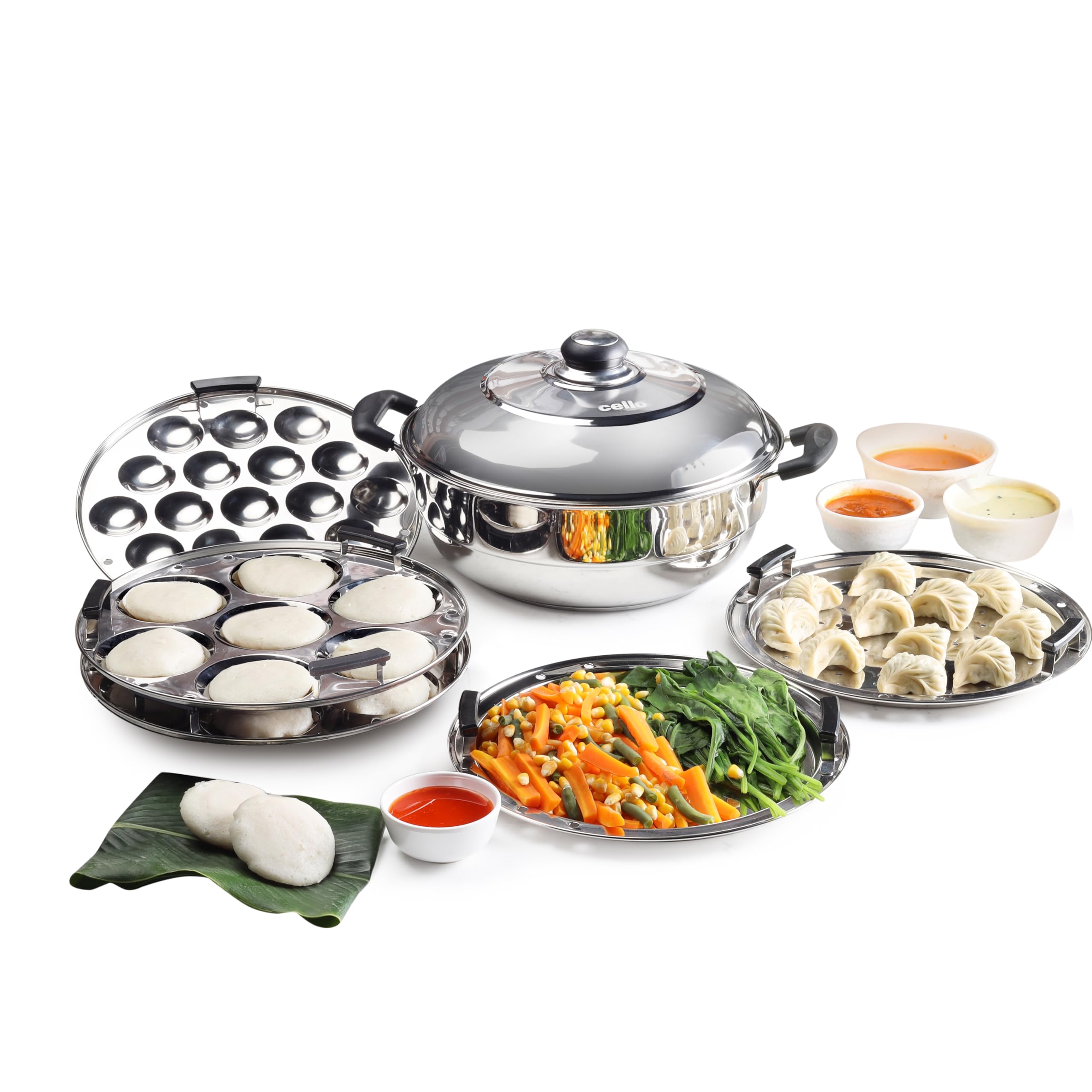 Cello Stainless Steel Induction Base Idli Cooker And Multi Kadhai Set of 6, Silver, 5 liter | Compatible With Gas Stove & Induction | Ideal For Dhokla, Patra, Idli and Momos