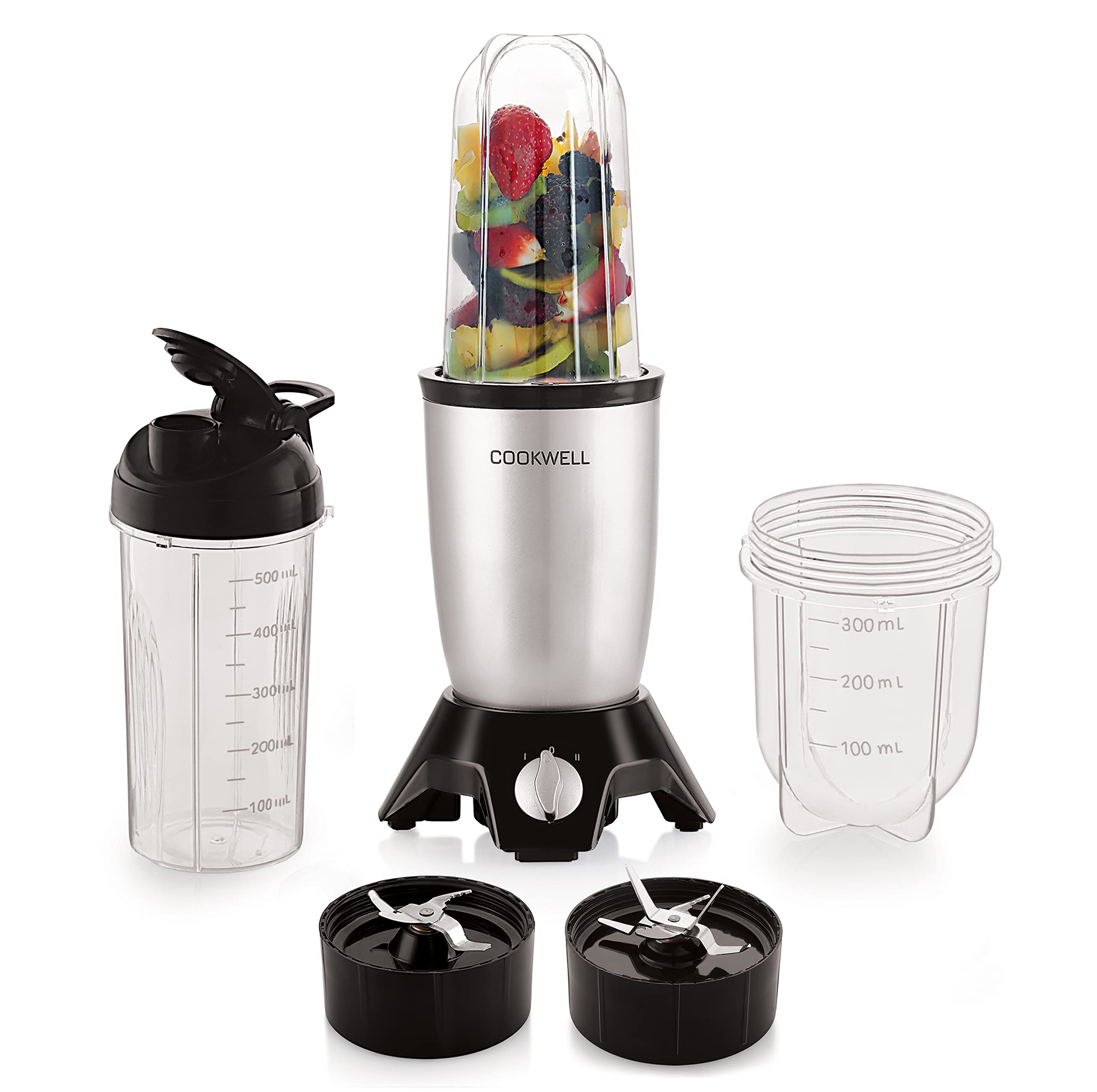 Cookwell Bullet Mixer Grinder (3 Jar, 2 Blade, Silver) - Copper, 600 Watts - 2 Year Warranty