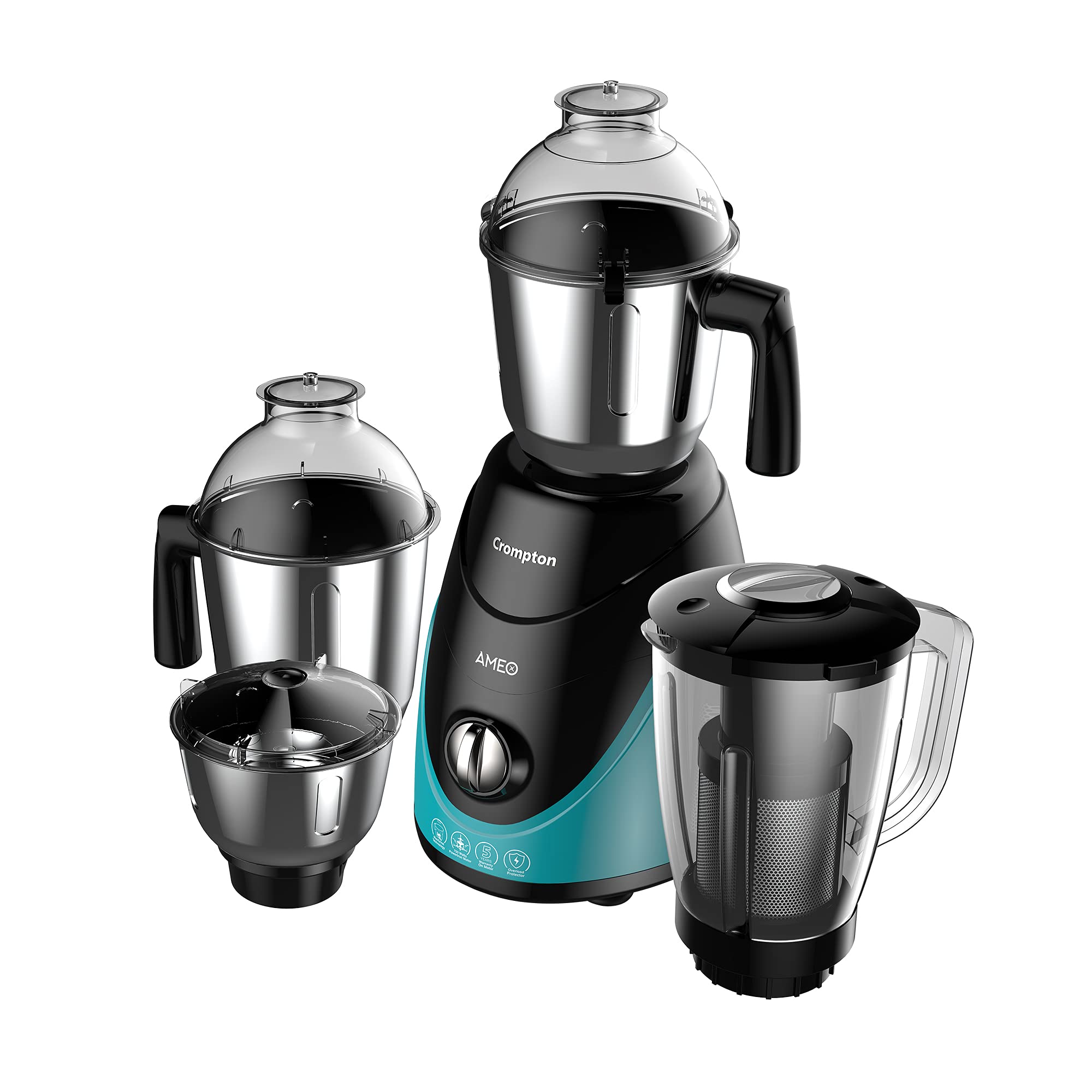 Crompton Ameo 750-Watt Mixer Grinder with MaxiGrind and Motor Vent-X Technology (3 Stainless Steel Jars, Black & Green)