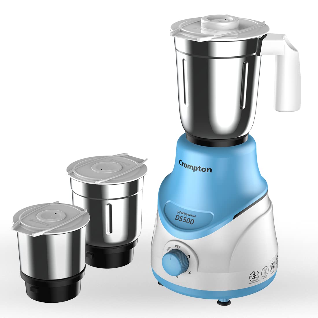 Crompton DS 500W Mixer Grinder with Powertron Motor & Motor Vent-X Technology (3 Stainless Steel Jars, Sky Blue) (Indian Plug)