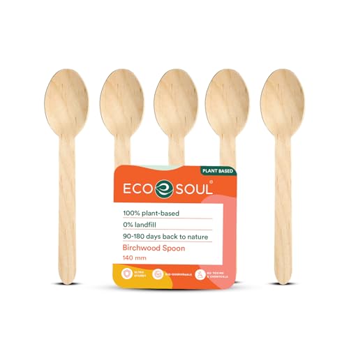 ECO SOUL [140mm, 100 Pack] Disposable Spoons | Wooden Dining Flatware | Ideal for Kids Birthday, Wedding & Party