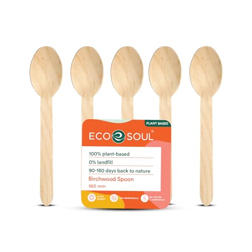ECO SOUL [160mm, 50 Pack] Disposable Spoons | Wooden Dining Flatware | Ideal for Kids Birthday, Wedding & Party