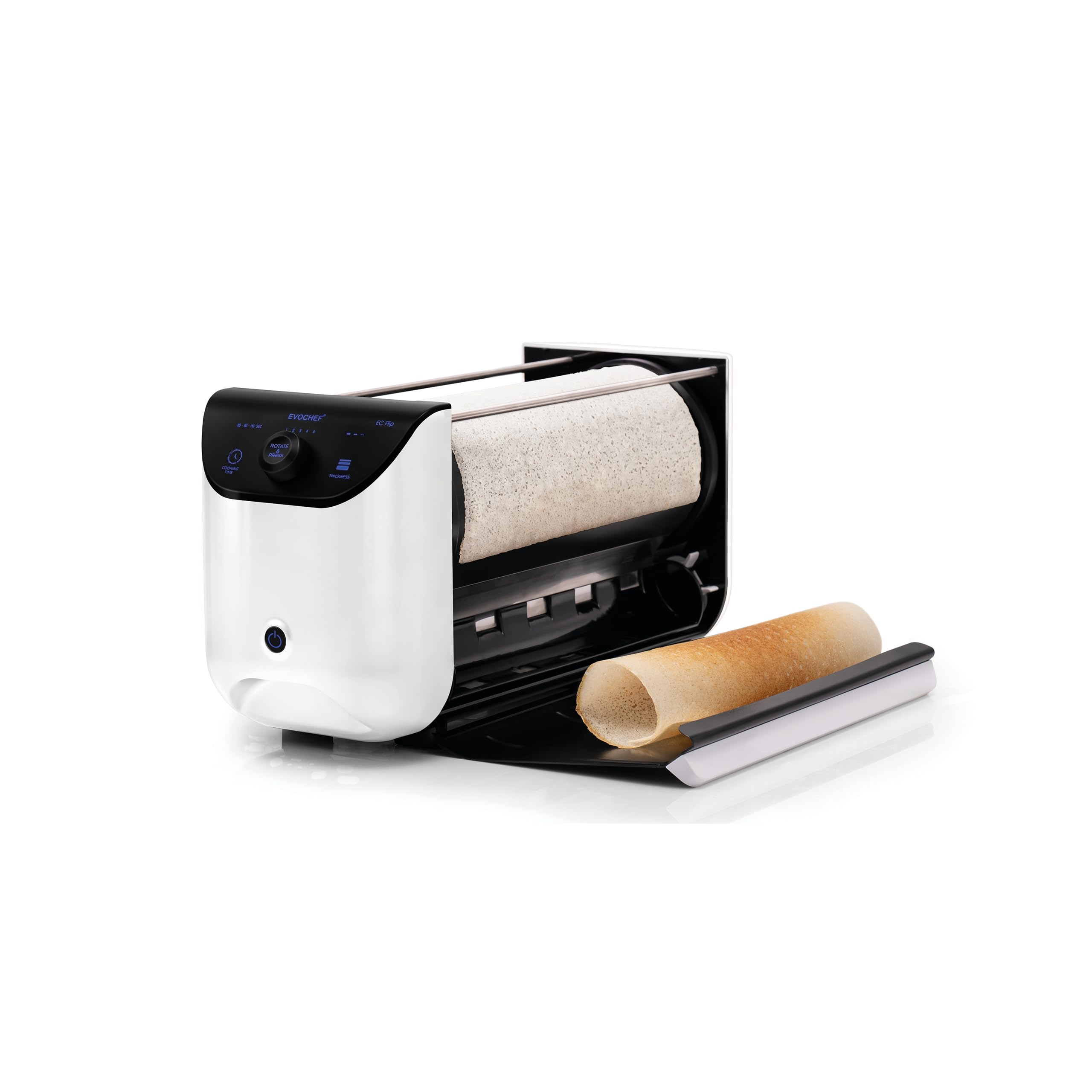 EVOCHEF EC Flip Automatic Dosa Maker, 1-Minute Dosas, 360Â° Food Grade Coated Roller, Easy Cooking Time & Thickness Control, Touch Controls, Compact & Portable, 1600W, 1 Year Warranty, White