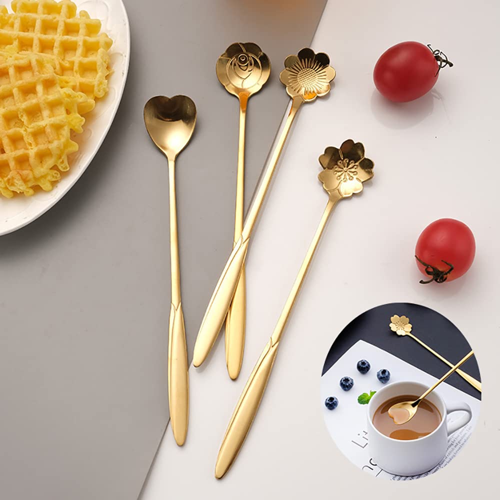 Fapiwen Golden Spoons, Coffee Spoon, Flower Teaspoons, Desserts Spoons, Stainless Steel Reusable Tea Scoops, Spoon Set for Kitchen, Dessert House, Cafe Or Bar (Set of 4 PCS Gold),18 centimeter