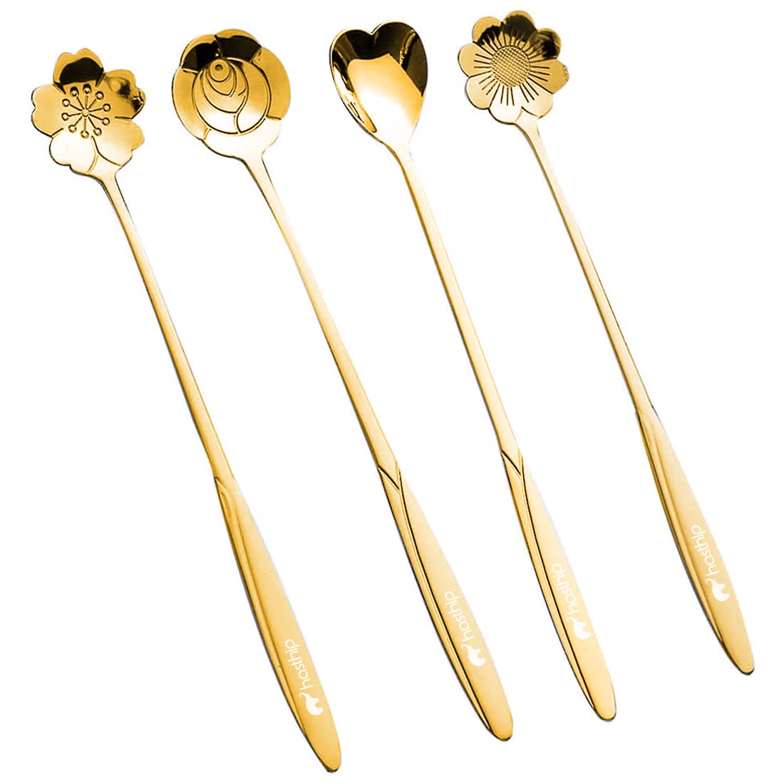 HASTHIPÂ® Golden Spoon Set/Coffee Spoon/Dessert Spoon/Cutlery Kitchen Tableware/Stainless Steel Gold Flower Shape Coffee Spoon with Package Bag, 18cm, 4 Pcs Different Coffee Spoon