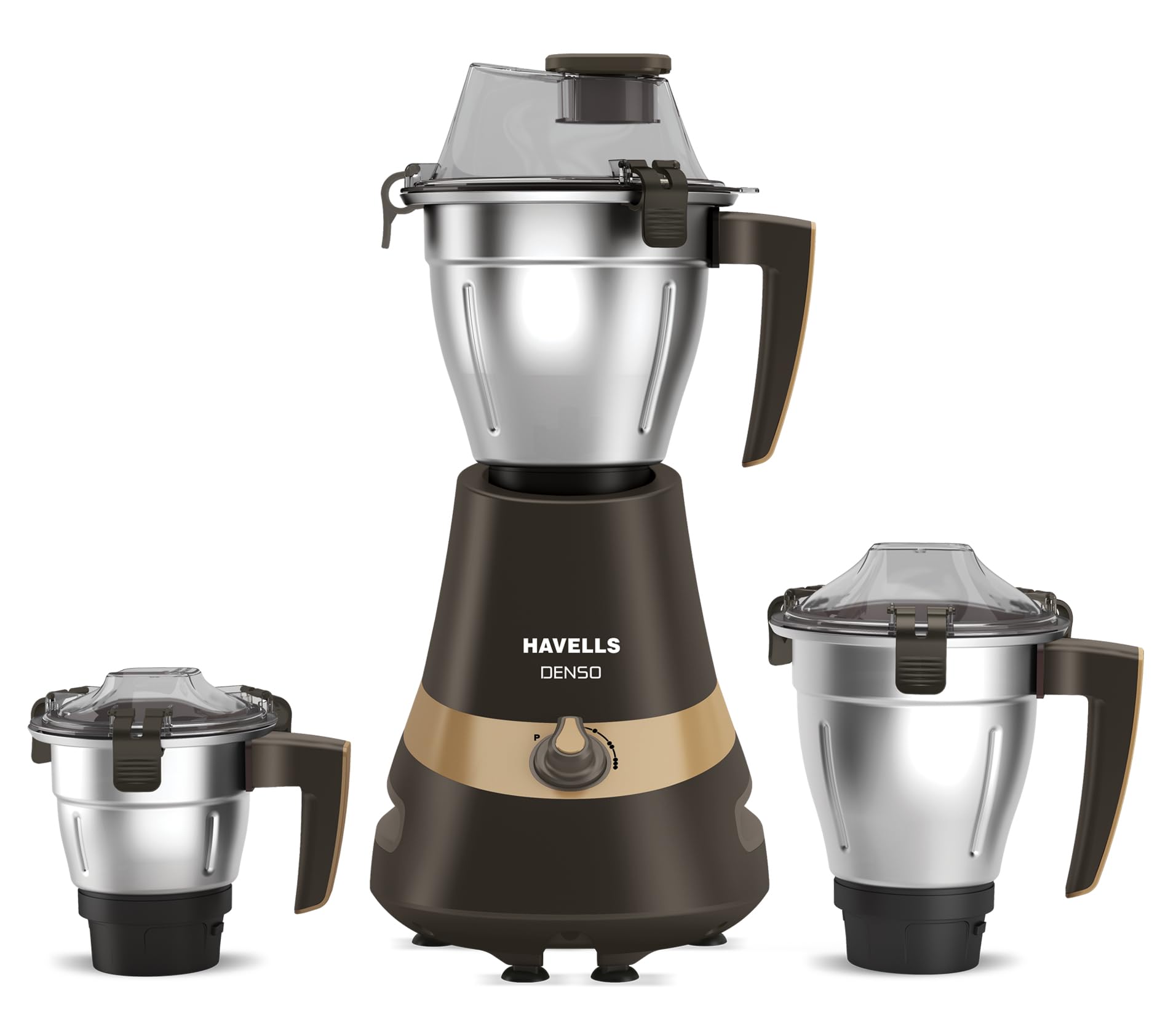 Havells Denso Heavy Duty 900 Watts 3 Jar Mixer Grinder, Ball Bearing Copper Motor, 21000 RPM, Large Size Break Resistant Alluminium Collar Jars with Flow Breaker, 5Years Motor Warranty (Dark Brown)