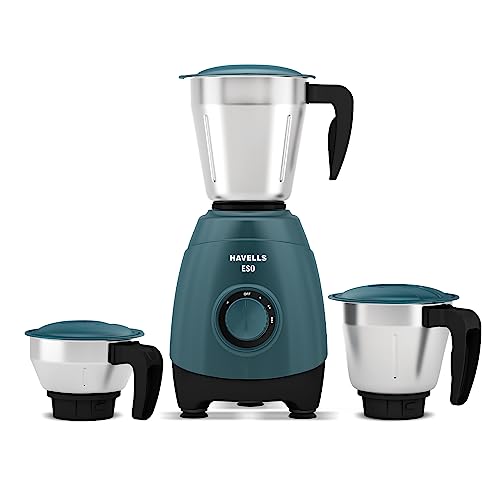 Havells ESO 750 watts 3 JAR Mixer Grinder, 304 SS Blades, High Speed 21000 RPM motor, Heavy and Wider mouth SS Jars, All Jars with Handle, 2 Year Product & 5 Year Motor Warranty (Teal) | ABS