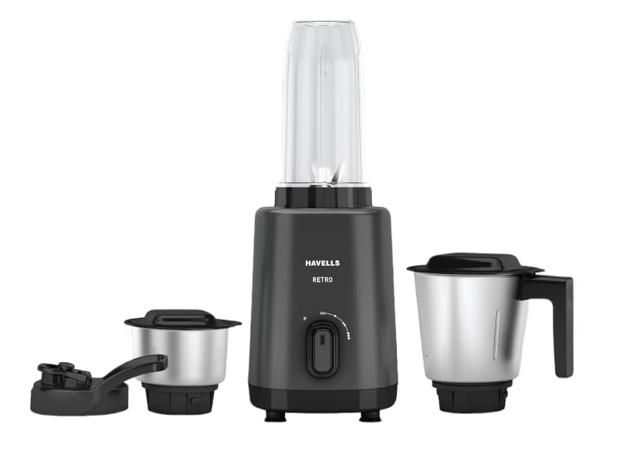 Havells Retro Nutri-Xl 500 Watts 3 Jar Mixer Grinder|21000Rpm| RoHS Complaint | 600Ml Nutri Jar with Sipper Lid | 1L Dry/Wet Grinding Jar |2Yr Product & 5Yr Motor Manufacturer Warranty (Black)