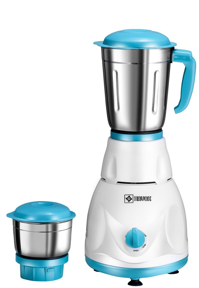 Havok 750 Watt Juicer Mixer Grinder with 2 Jars for Grinding, Mixing, Juicing with Powerful Motor | 2.6 Year Warranty | (White & Blue, 2 Jars)