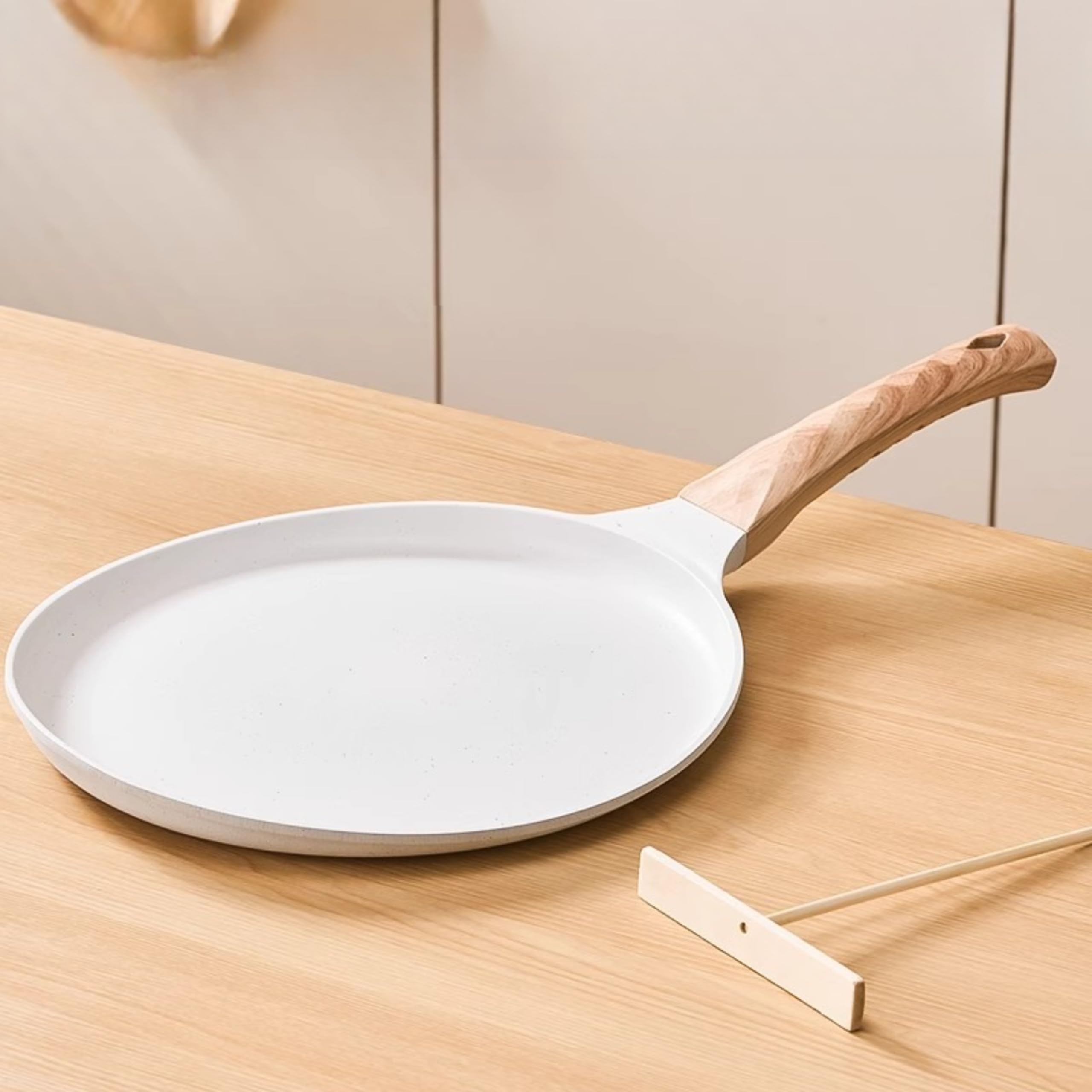 HomeEssentials Maifan Nonstick Tawa â€“ Healthy Nonstick Pan with Wooden Handle/Easy to Clean Cooking Pan for Dosa, Chapati, Pancakes & Omelets/Induction & Gas Stove (White)