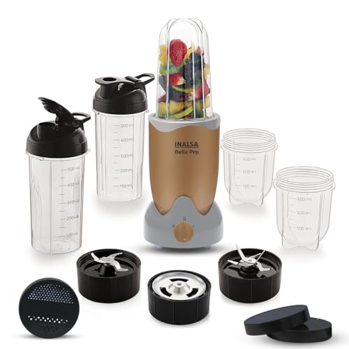 INALSA Bullet Mixer Grinder|5 Jar include 2 Storage Jar For Smothies,Coffee,Dry fruits & Wet Grinding|600 W, Copper Motor|3 Blades Including Froth Blade with 2 Sipper & 1 Seasoning Cap|2 Yr Warranty