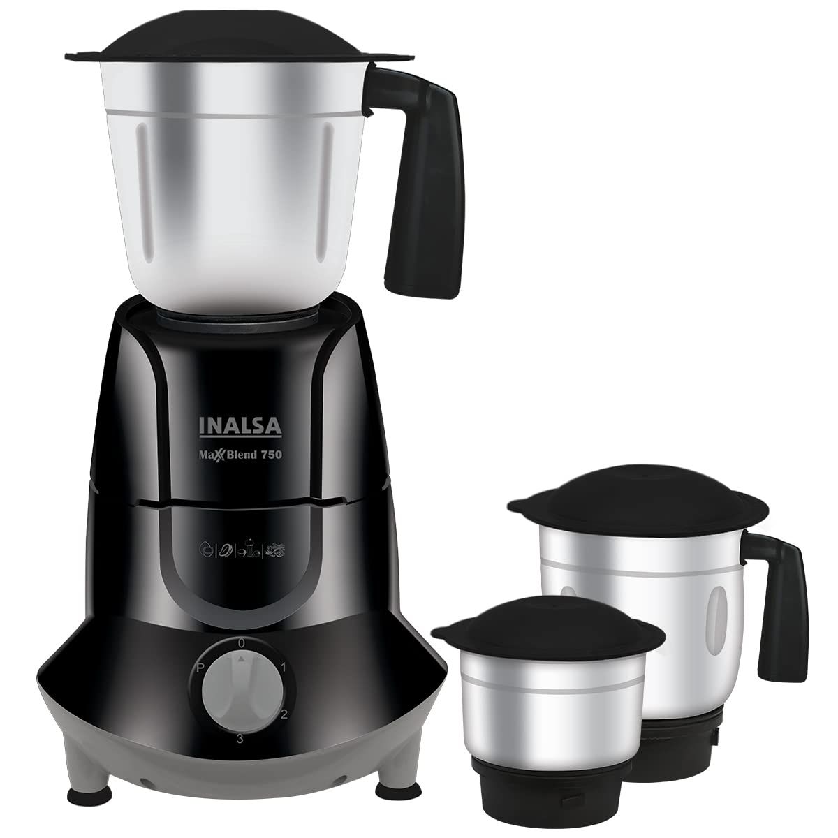 INALSA Mixer Grinder 750Watt- MaxxBlend 750 with 3 Stainless Steel Jars (For Dry Grinding, Wet Grinding, Chutneys, (Black/Grey)